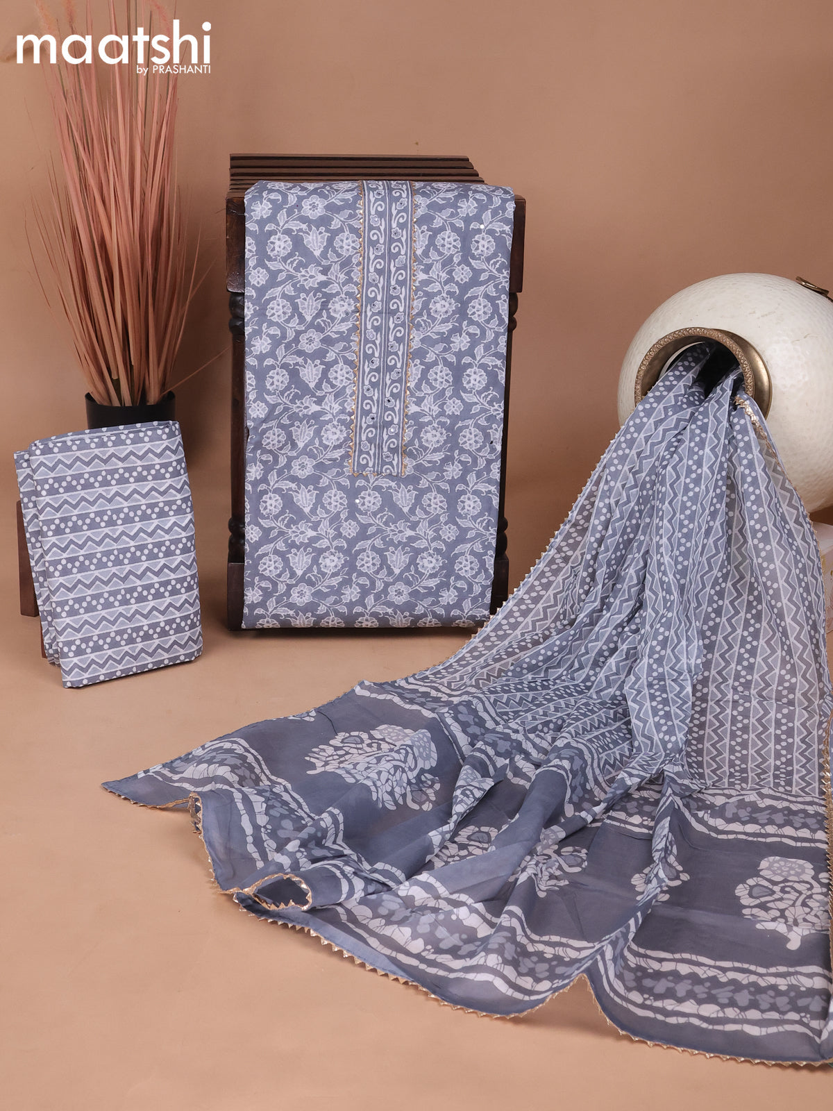 Cotton dress material grey with allover prints & patch work neck pattern and bottom & gottapatti lace work dupatta