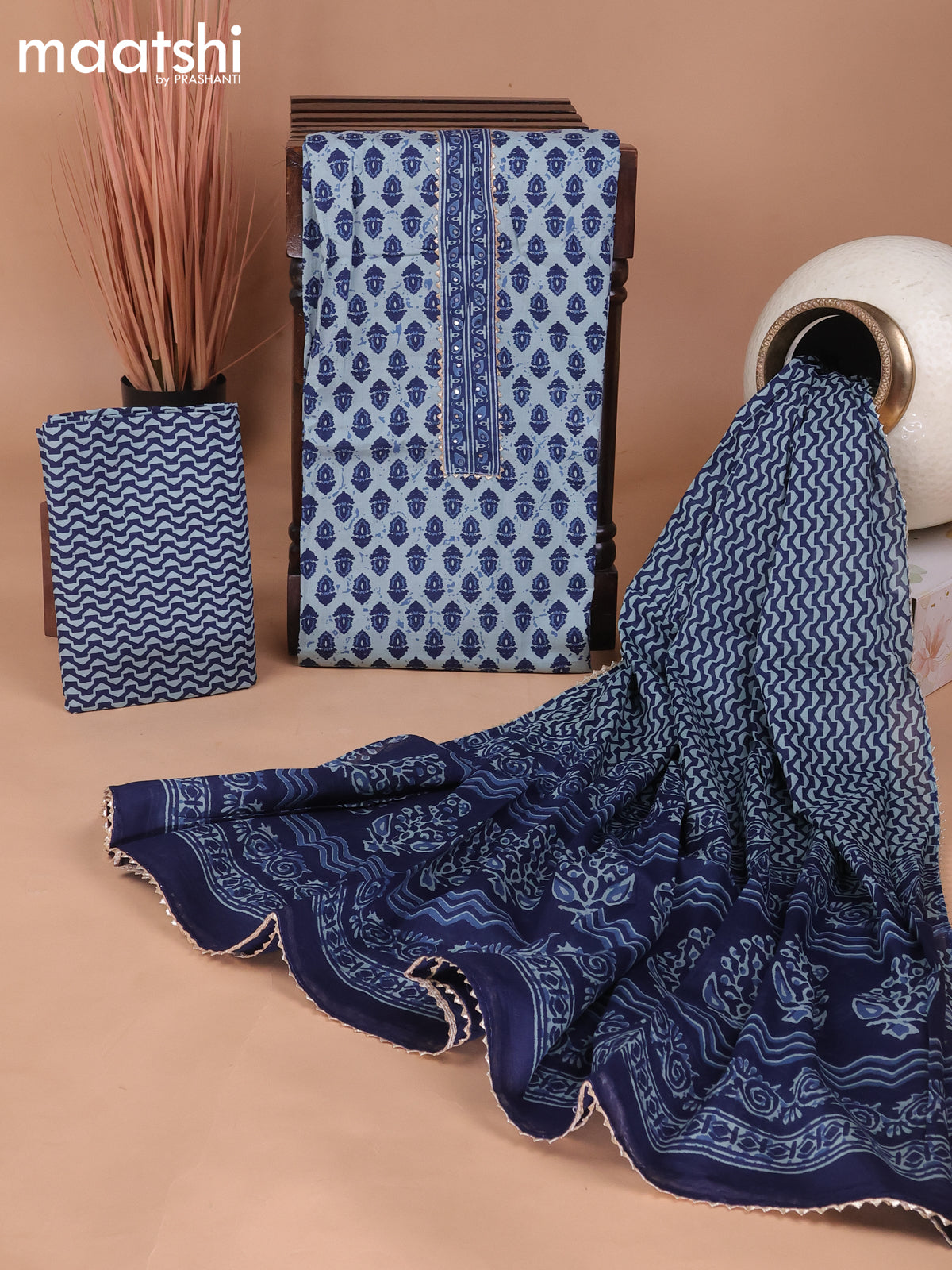 Cotton dress material pastel blue and blue with ikat butta prints & patch work neck pattern and bottom & gottapatti lace work dupatta