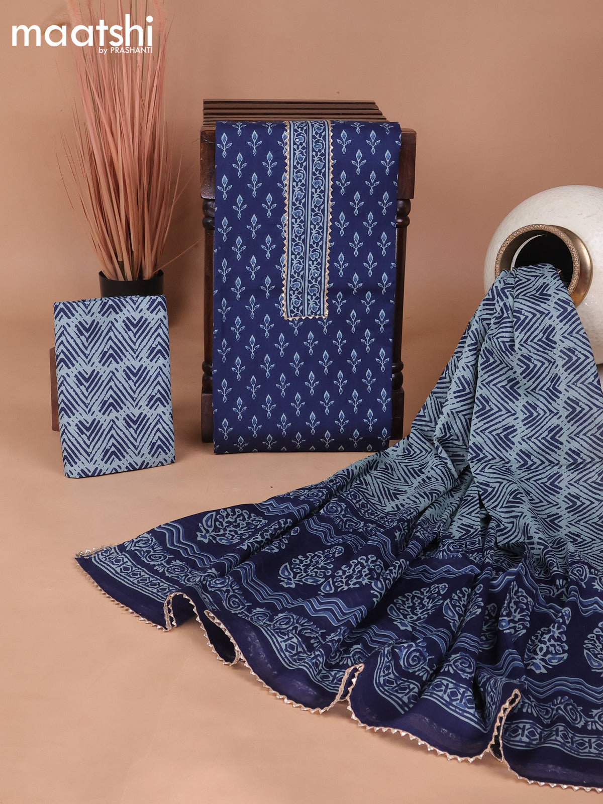 Cotton dress material blue with butta prints & patch work neck pattern and bottom & gottapatti lace work dupatta