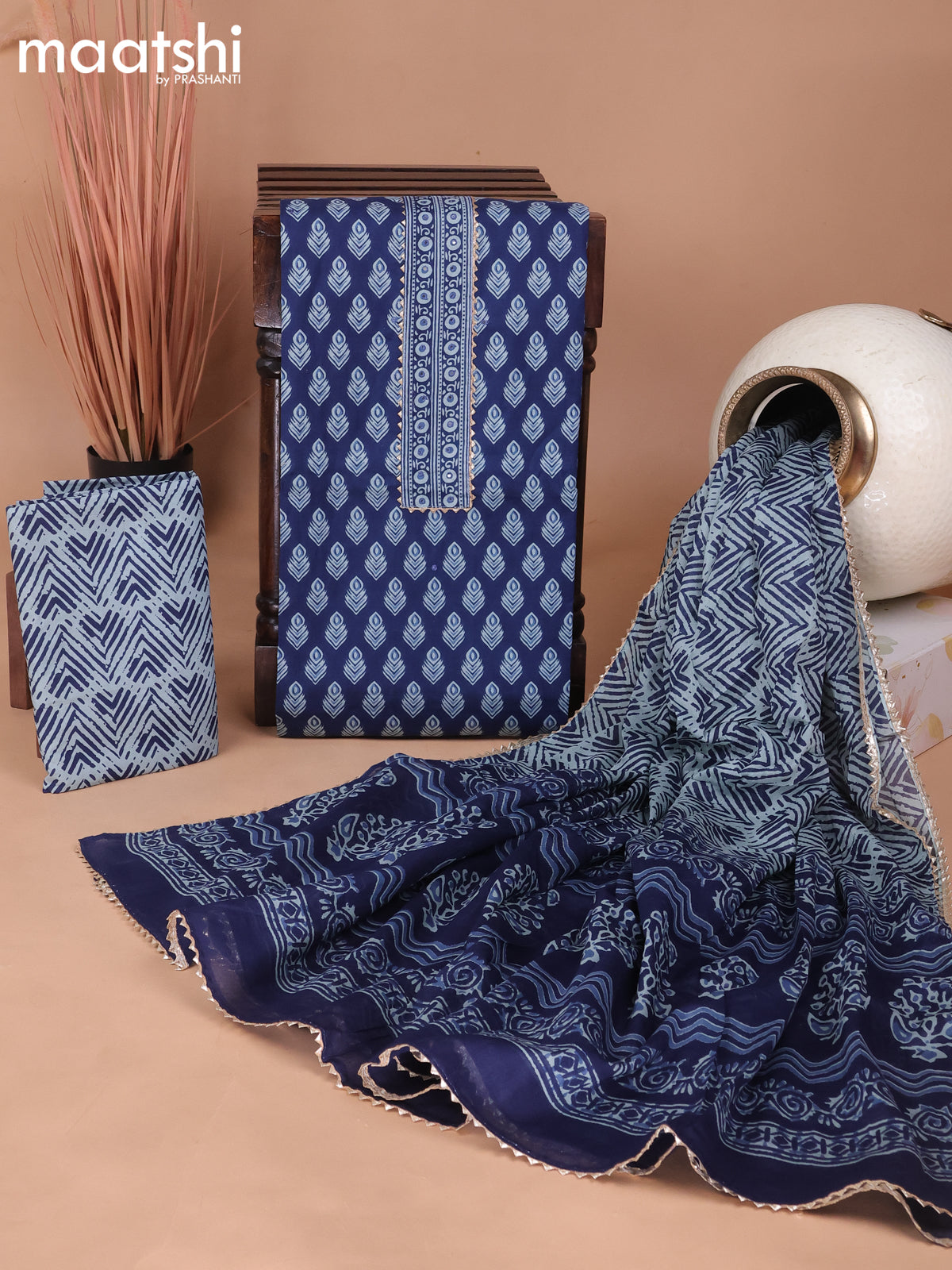 Cotton dress material blue with butta prints & patch work neck pattern and bottom & gottapatti lace work dupatta