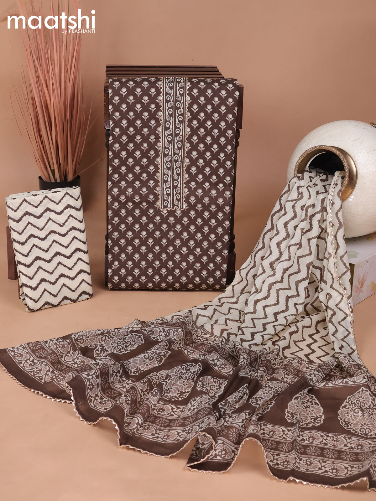 Cotton dress material brown and beige with floral butta prints & patch work neck pattern and bottom & gottapatti lace work dupatta