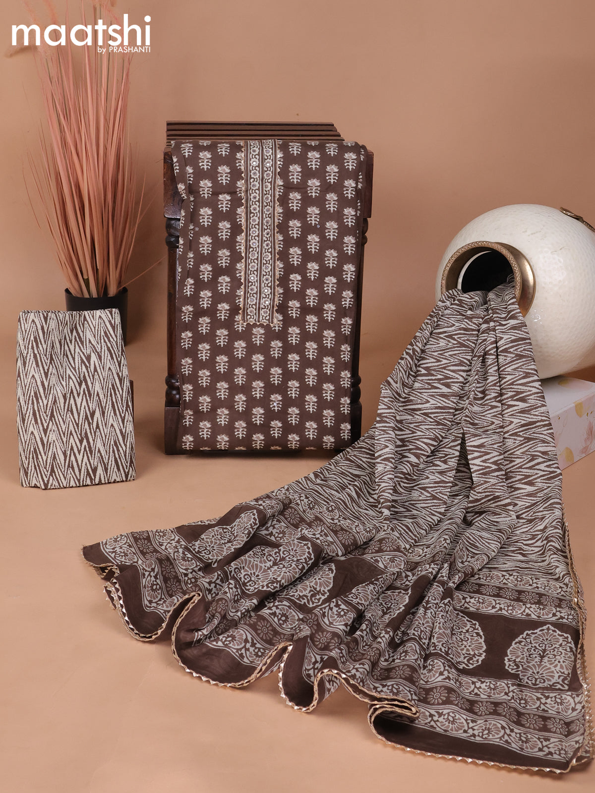 Cotton dress material brown and cream with floral butta prints & patch work neck pattern and bottom & gottapatti lace work dupatta