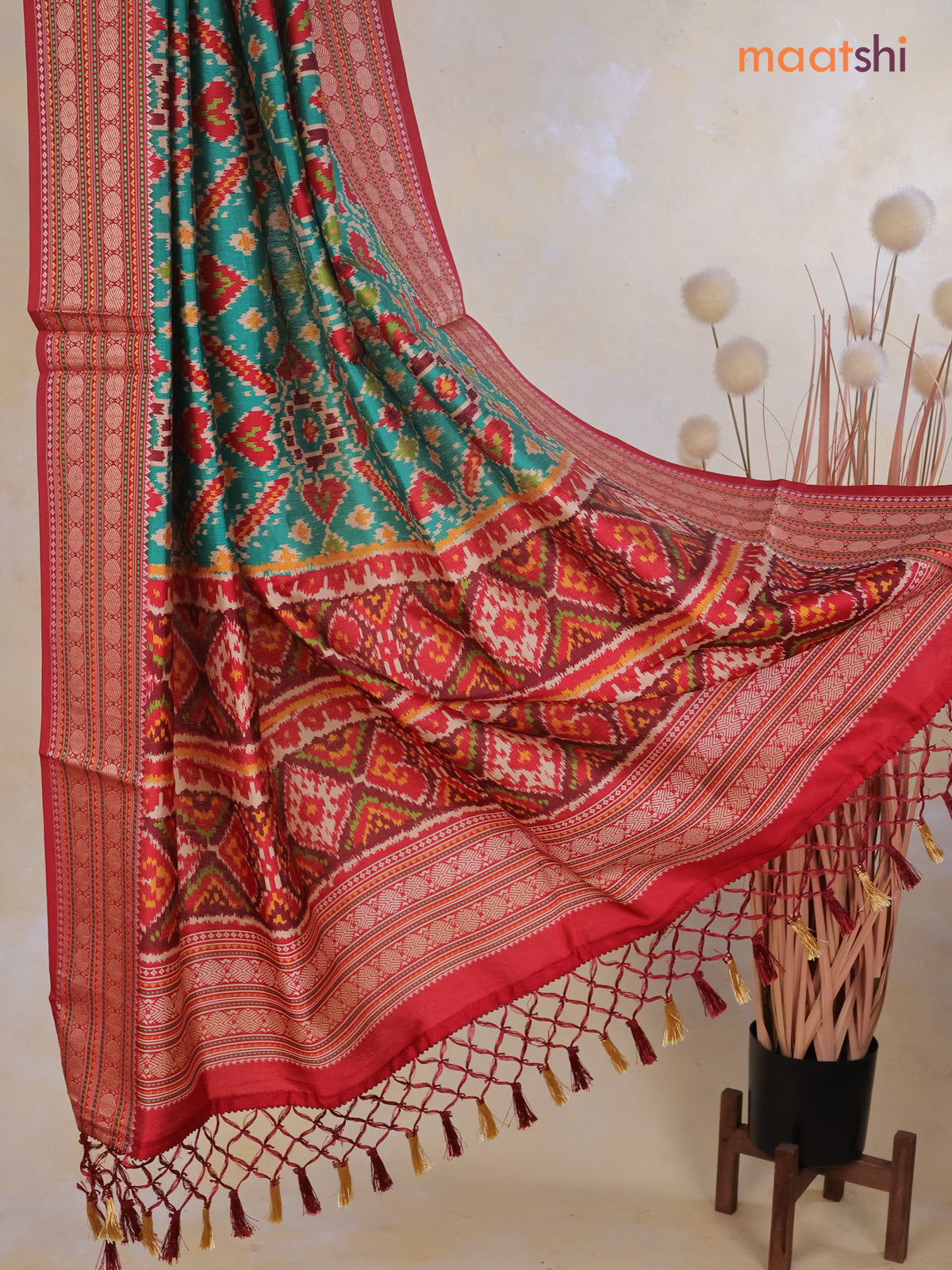 Tussar Ikat dupattas teal green and maroon with allover ikat prints and thread woven border