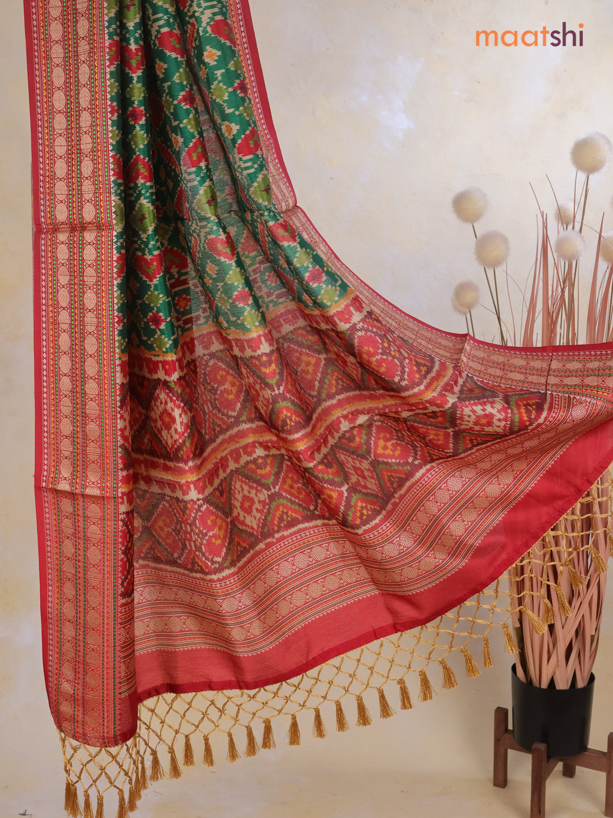 Tussar Ikat dupattas green and maroon with allover ikat prints and thread woven border