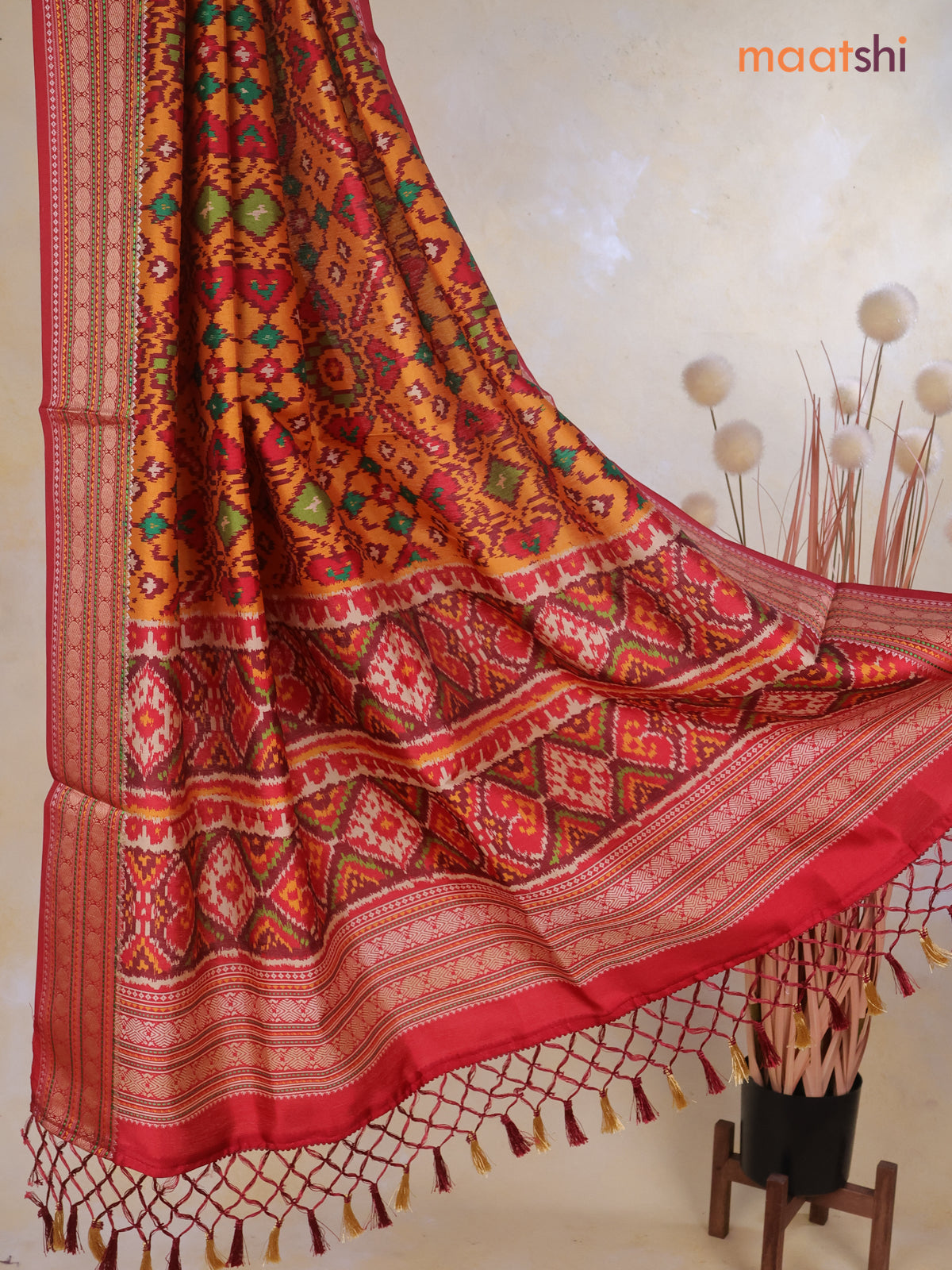 Tussar Ikat dupattas mustard yellow and maroon with allover ikat prints and thread woven border