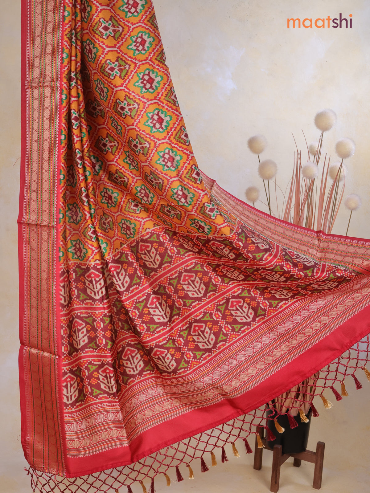 Tussar Ikat dupattas mango yellow and maroon with allover ikat prints and thread woven border