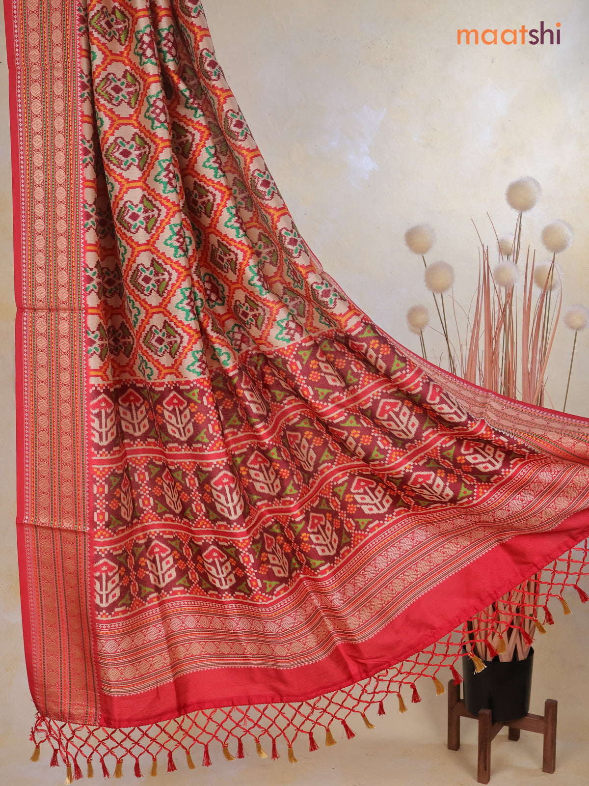Tussar Ikat dupattas beige and kumkum red with allover ikat prints and thread woven border