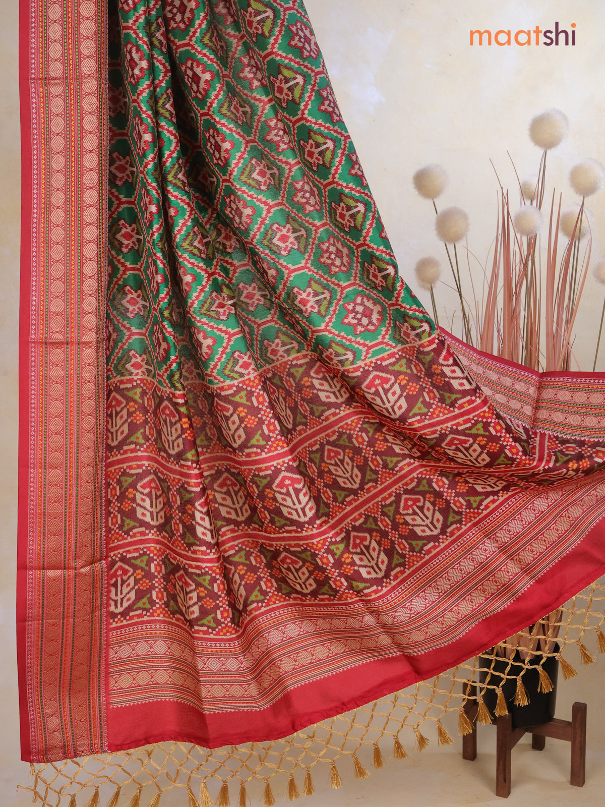 Tussar Ikat dupattas green and maroon with allover ikat prints and thread woven border