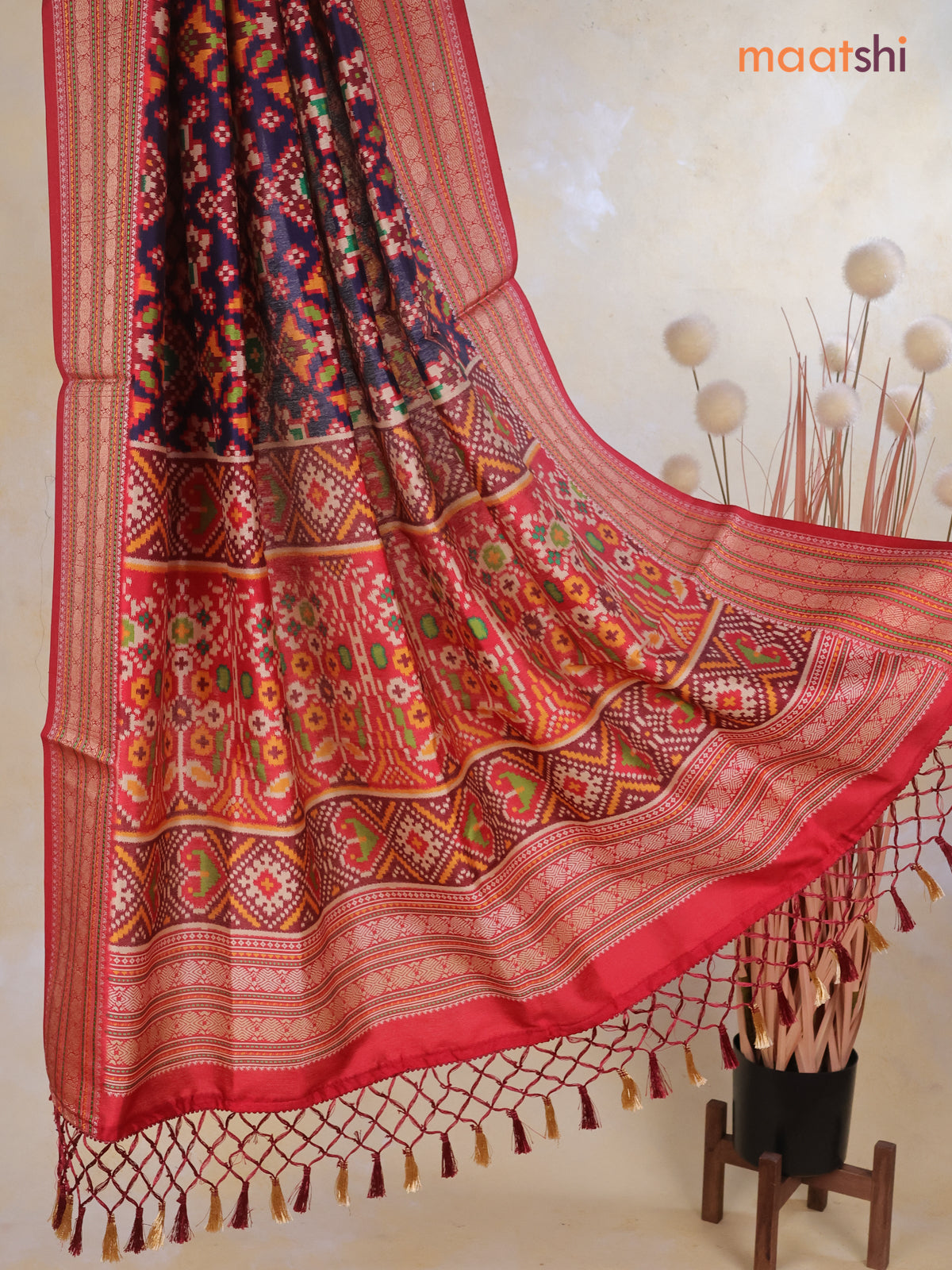 Tussar Ikat dupattas navy blue and maroon with allover ikat prints and thread woven border