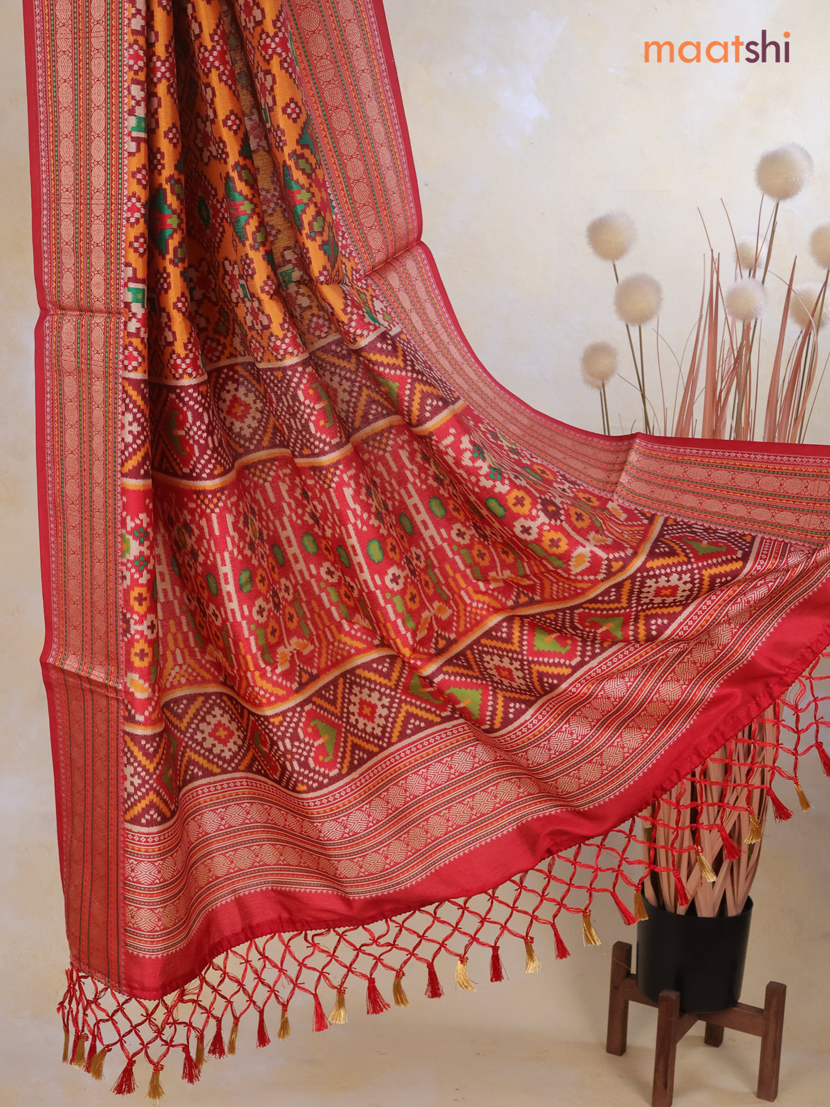 Tussar Ikat dupattas mustard yellow and maroon with allover ikat prints and thread woven border