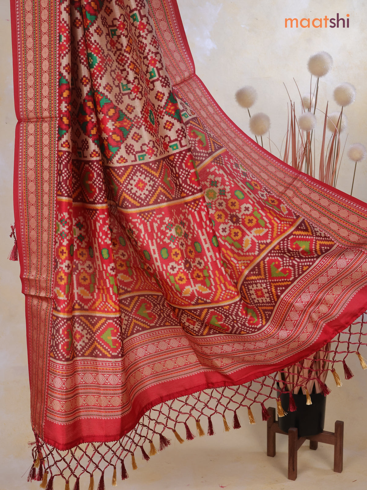 Tussar Ikat dupattas beige and maroon with allover ikat prints and thread woven border