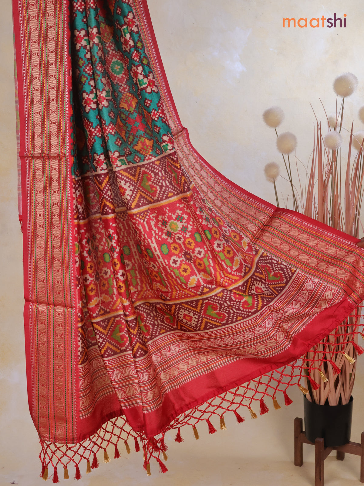 Tussar Ikat dupattas teal green and maroon with allover ikat prints and thread woven border