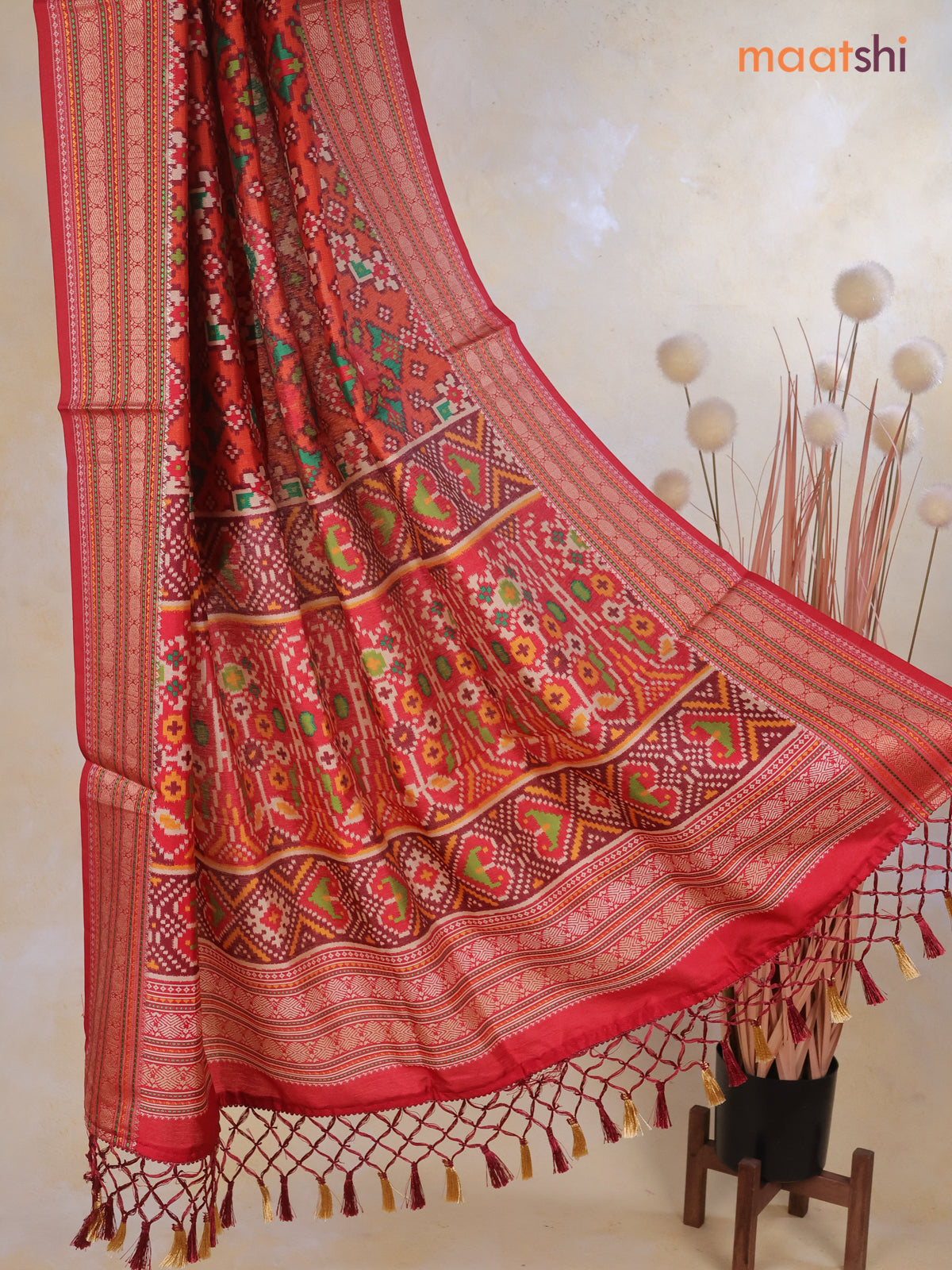Tussar Ikat dupattas orange and maroon with allover ikat prints and thread woven border