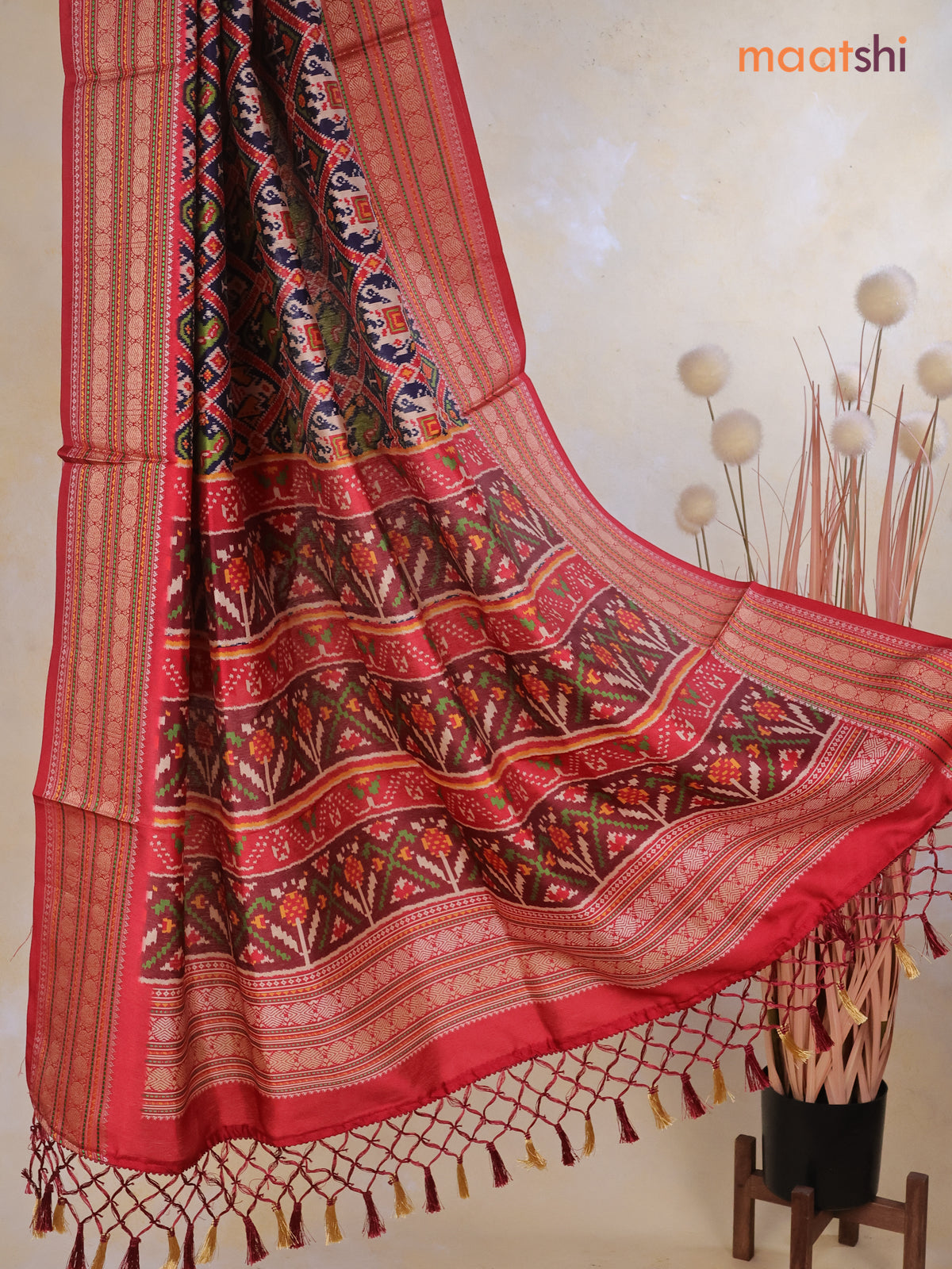 Tussar Ikat dupattas navy blue and kumkum red with allover patola prints and thread woven border