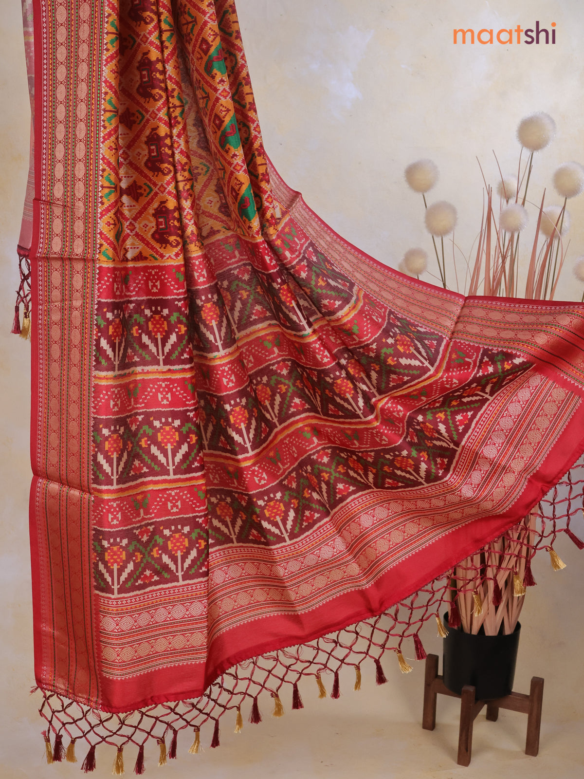 Tussar Ikat dupattas mustard yellow and maroon with allover patola prints and thread woven border