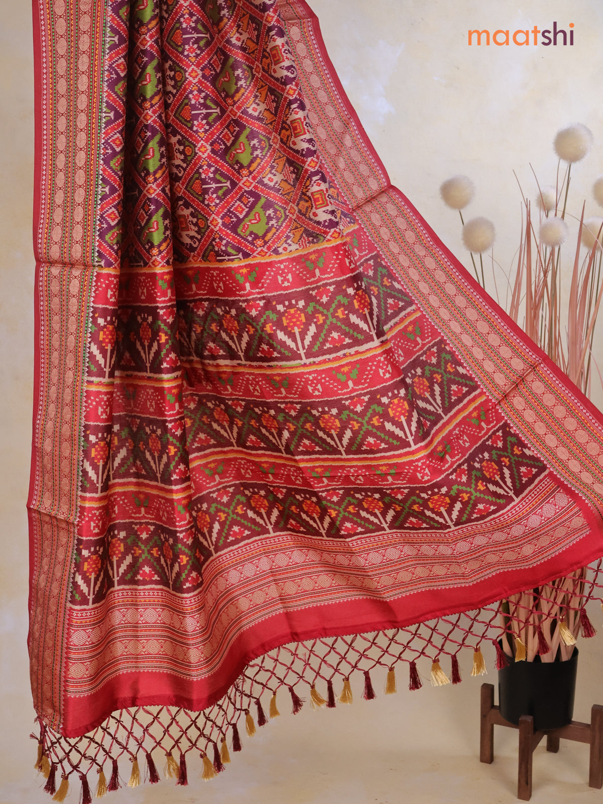 Tussar Ikat dupattas wine shade and maroon with allover patola prints and thread woven border