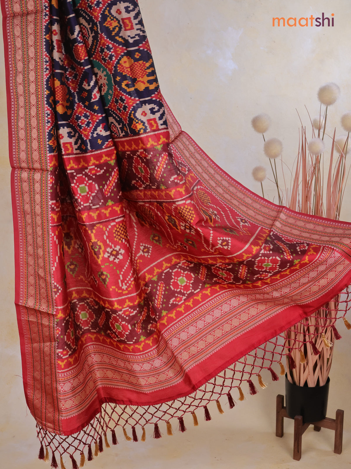 Tussar Ikat dupattas navy blue and maroon with allover patola prints and thread woven border