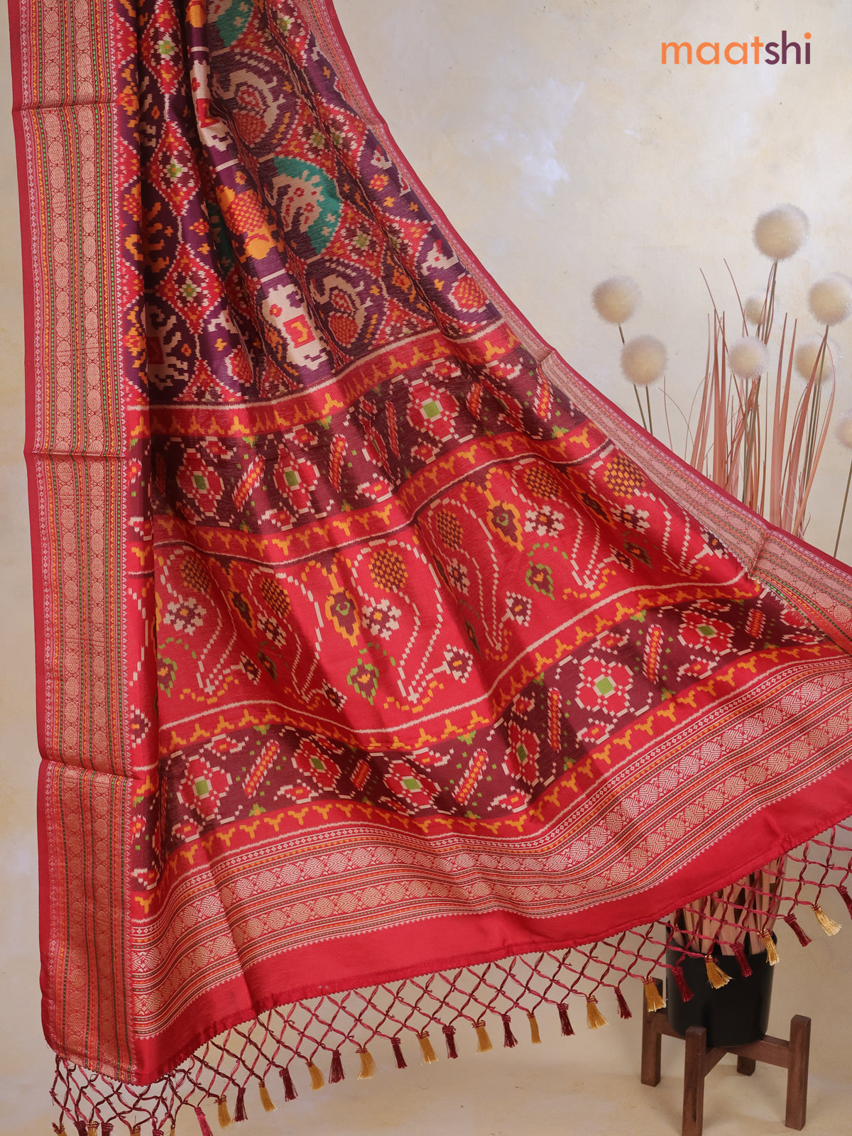 Tussar Ikat dupattas wine shade and maroon with allover patola prints and thread woven border