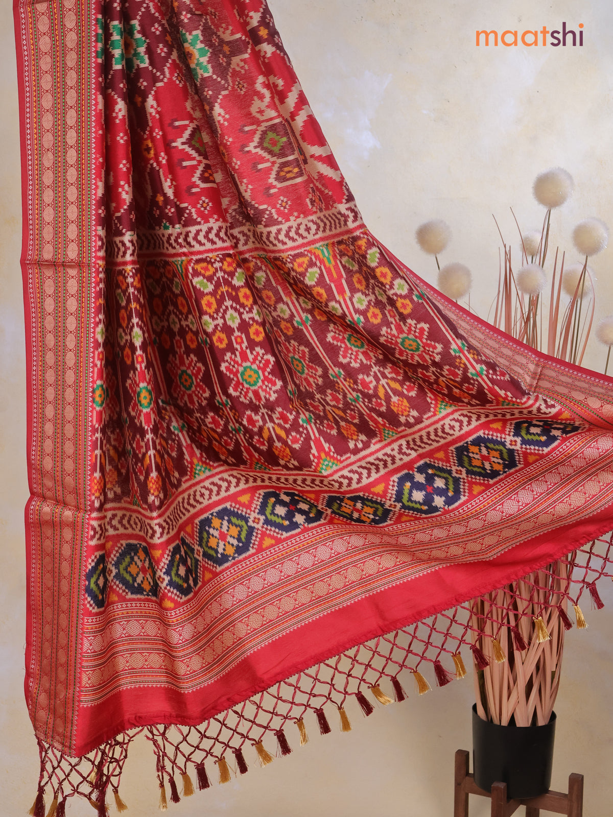 Tussar Ikat dupattas red and maroon with allover patola prints and thread woven border