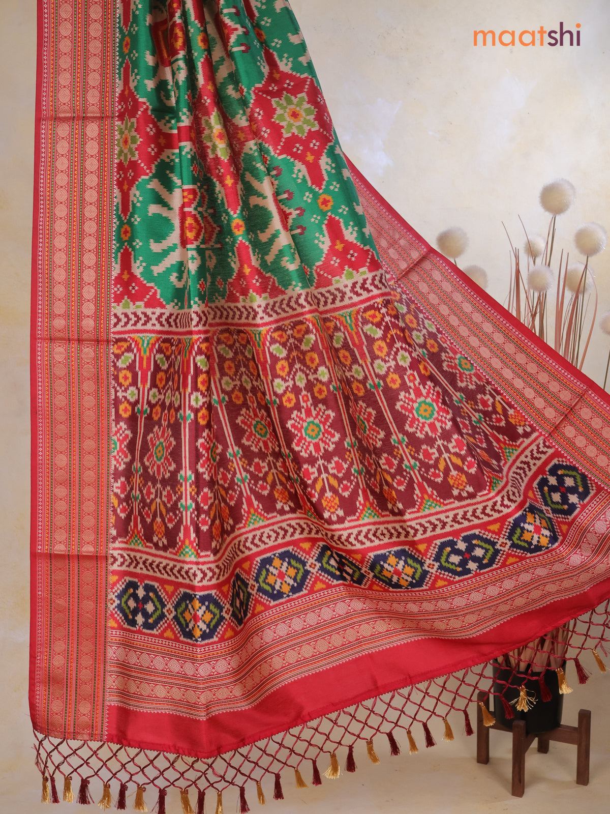 Tussar Ikat dupattas green and maroon with allover patola prints and thread woven border
