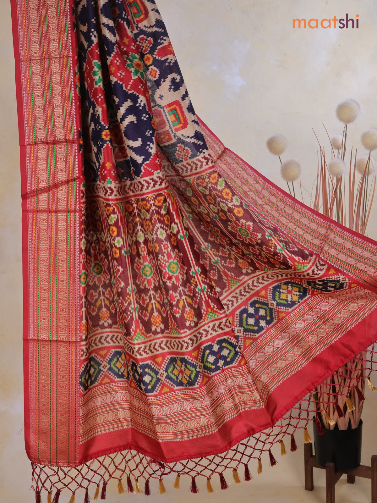 Tussar Ikat dupattas navy blue and maroon with allover patola prints and thread woven border