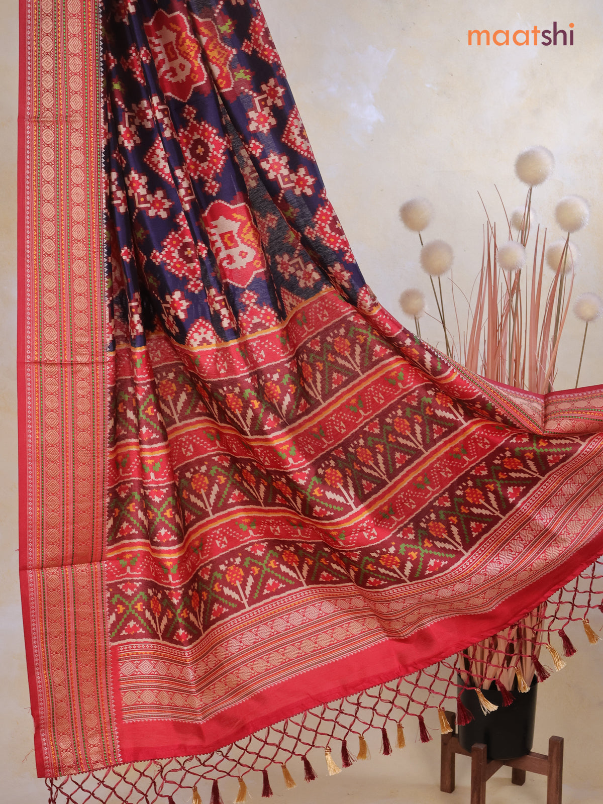 Tussar Ikat dupattas navy blue and maroon with allover patola prints and thread woven border