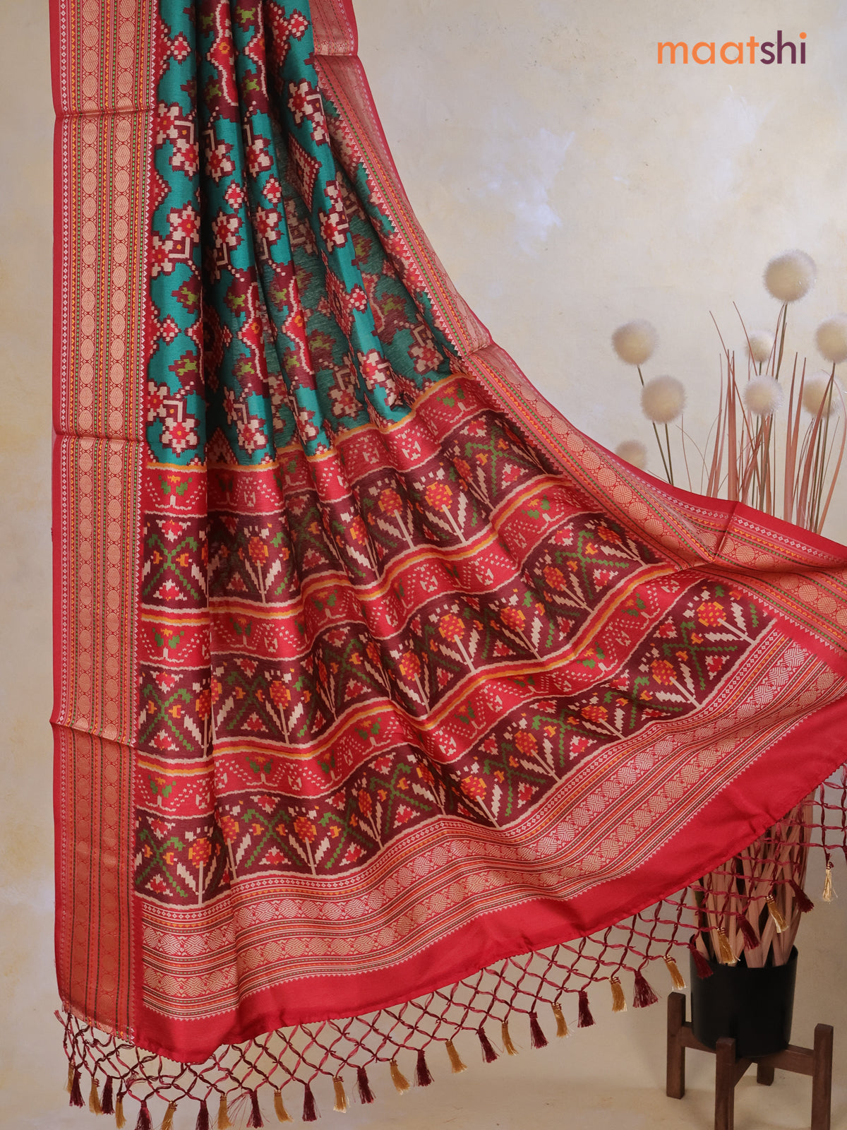Tussar Ikat dupattas green and maroon with allover patola prints and thread woven border