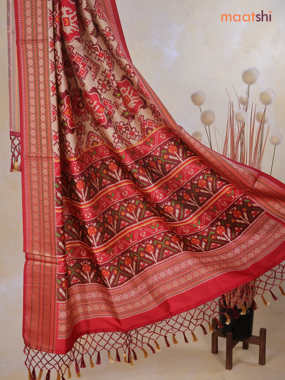 Tussar Ikat dupattas beige and maroon with allover patola prints and thread woven border