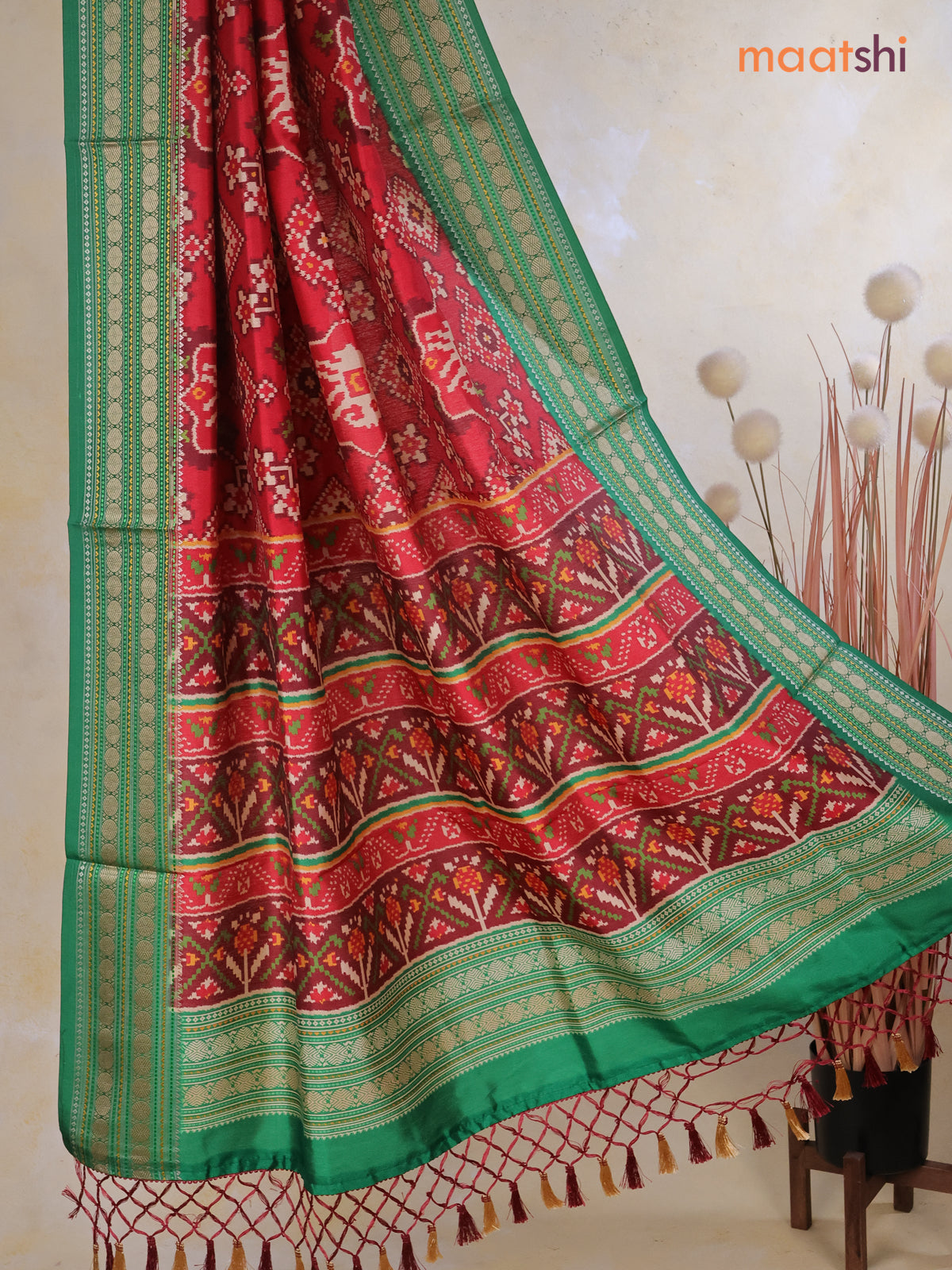 Tussar Ikat dupattas red and green with allover patola prints and thread woven border