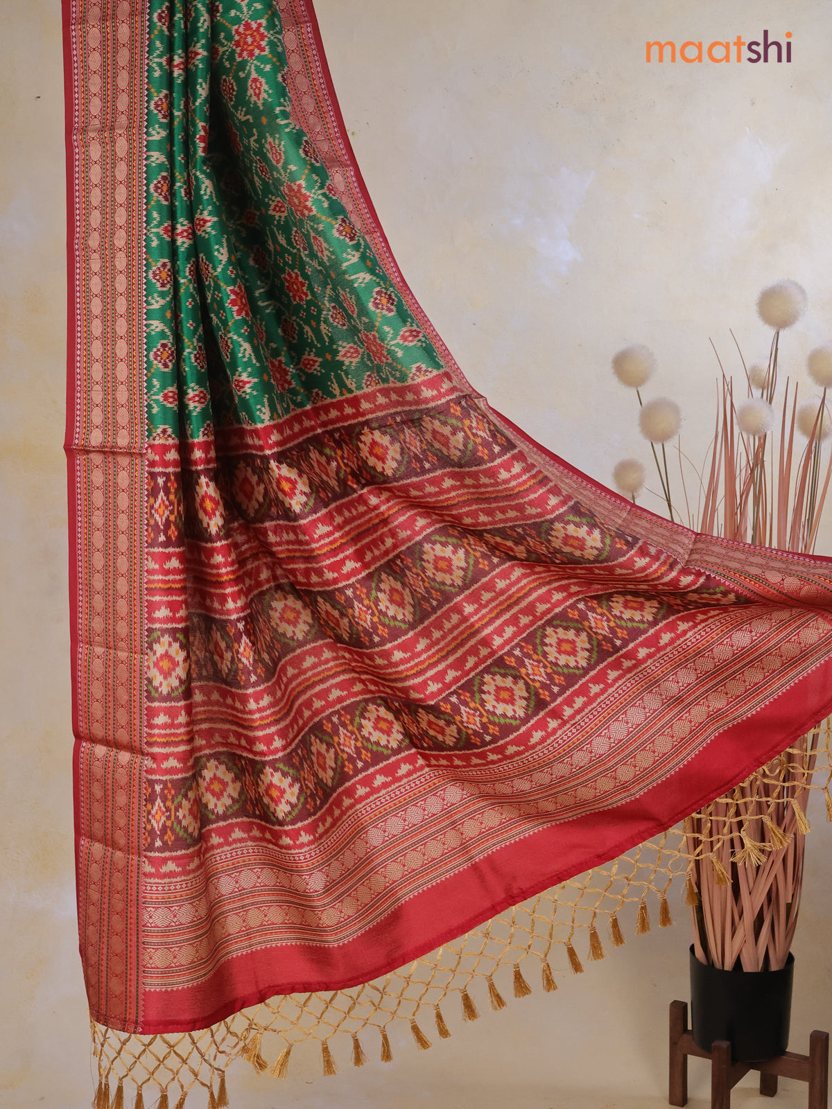 Tussar Ikat dupattas green and kumkum red with allover ikat prints and thread woven border