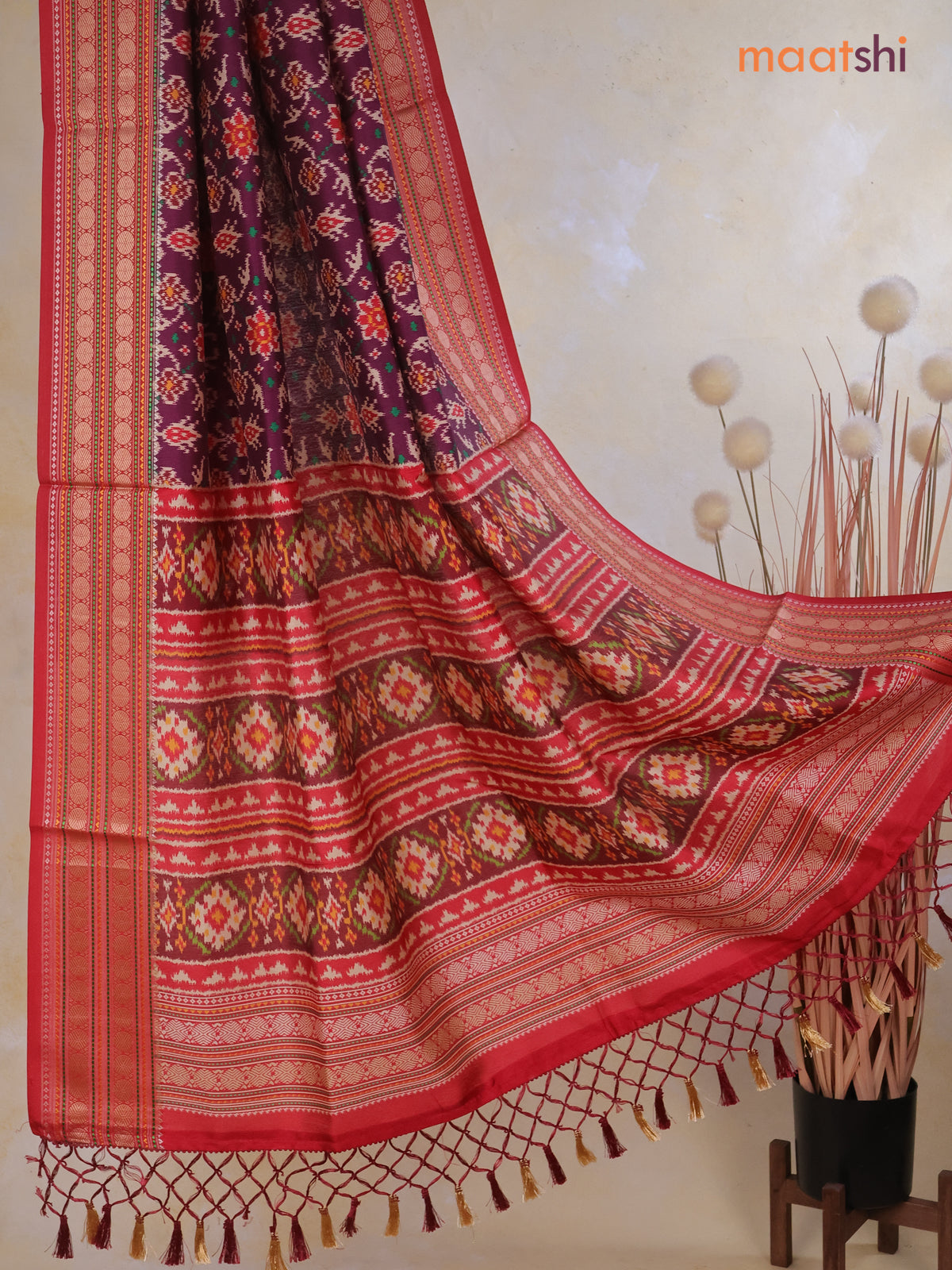 Tussar Ikat dupattas wine shade and kumkum red with allover ikat prints and thread woven border