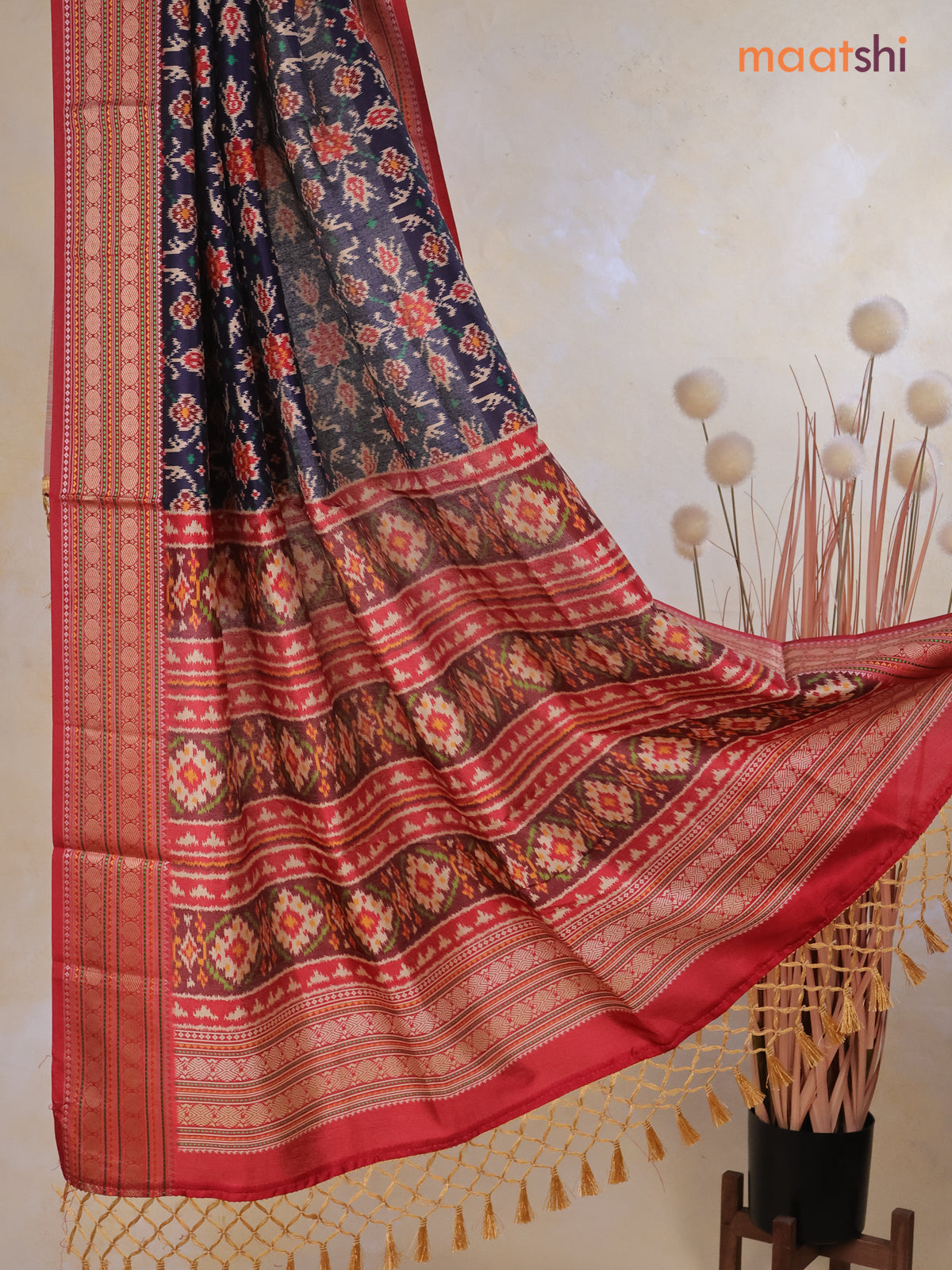 Tussar Ikat dupattas navy blue and kumkum red with allover ikat prints and thread woven border