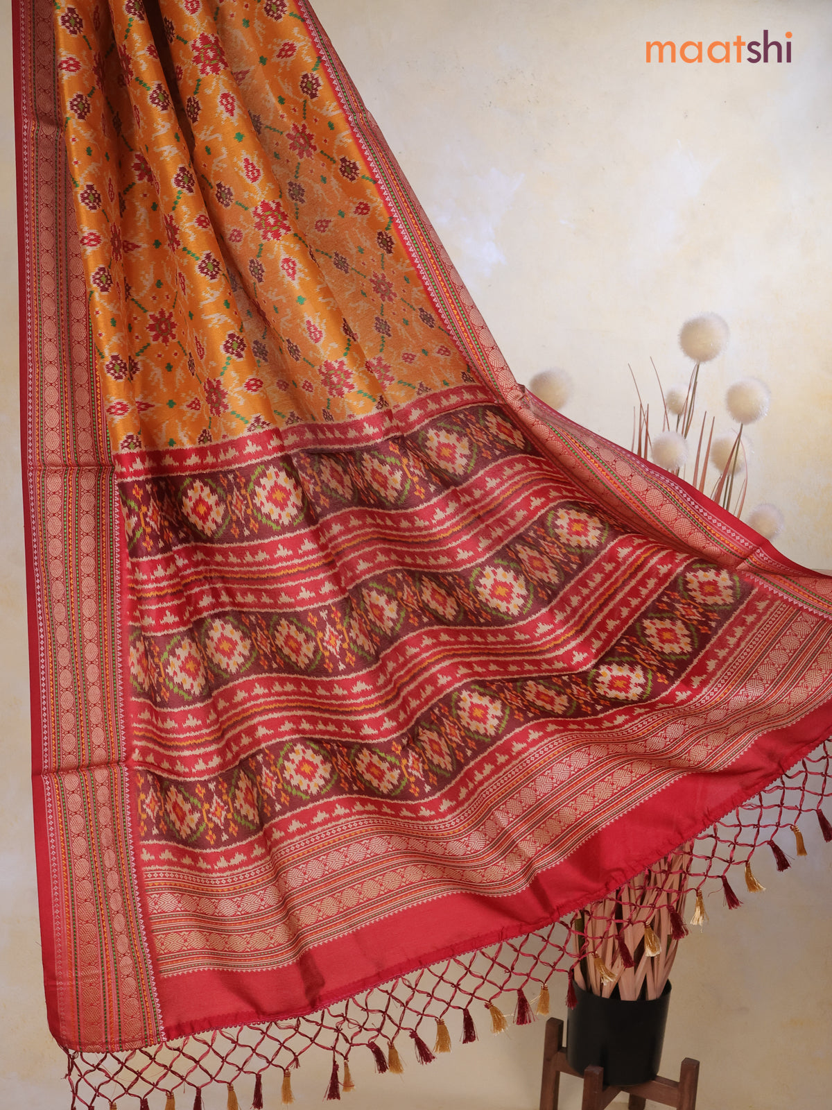 Tussar Ikat dupattas mango yellow and kumkum red with allover ikat prints and thread woven border