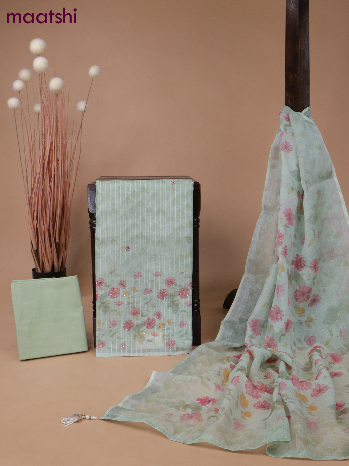 Tissue linen dress material pastel green with floral prints & beaded sequin work neck pattern and bottom & printed dupatta