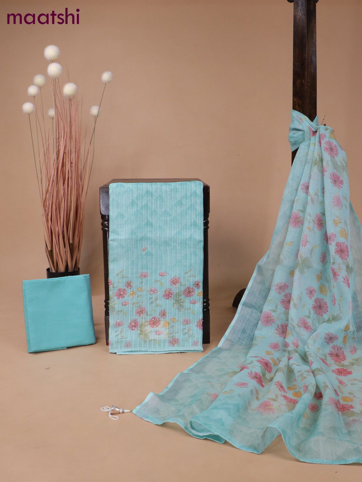 Tissue linen dress material teal shade with floral prints & beaded sequin work neck pattern and bottom & printed dupatta