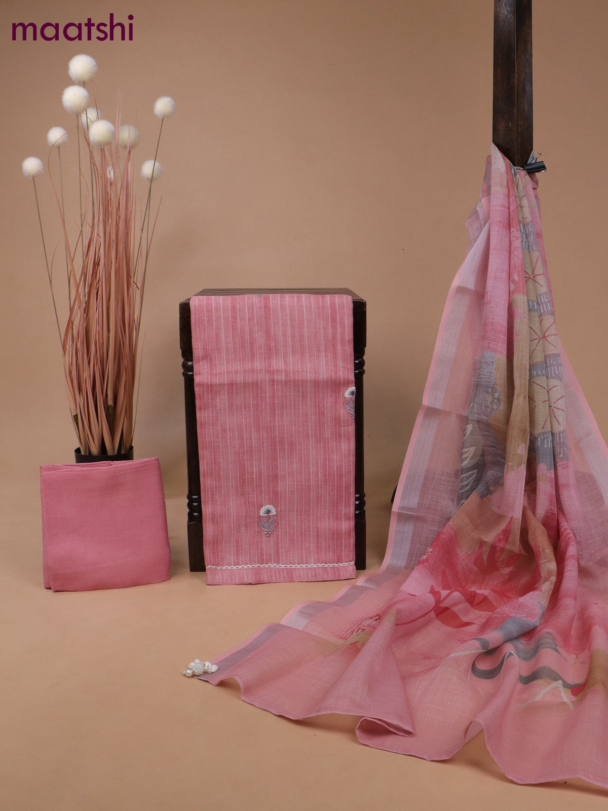 Tissue linen dress material peach pink with floral design embroidery work buttas and bottom & printed dupatta