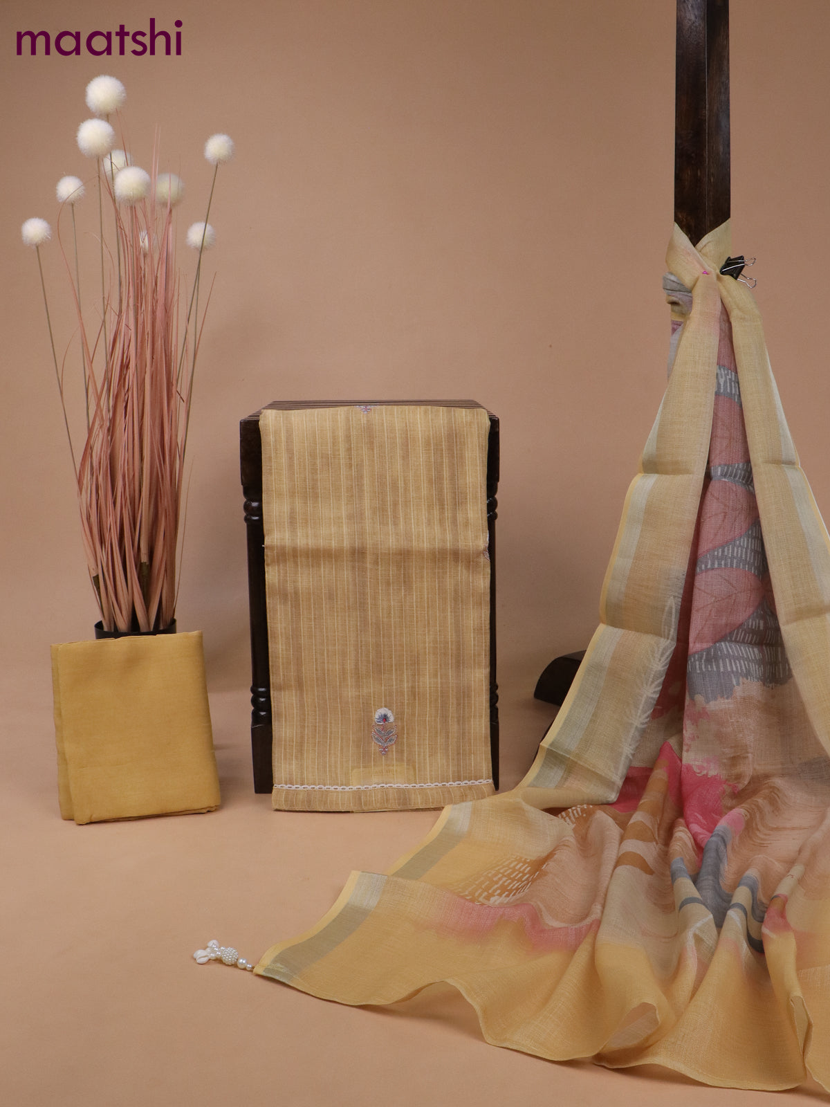 Tissue linen dress material sandal with floral design embroidery work buttas and bottom & printed dupatta