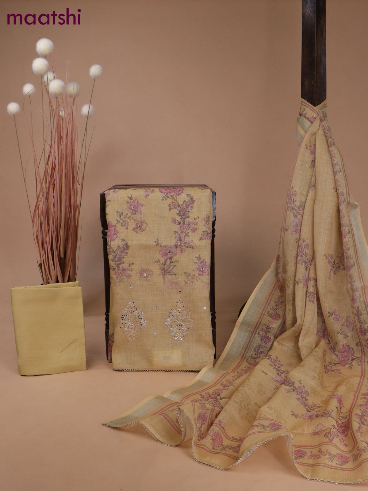Tissue linen dress material sandal with allover floral prints & gotapatti lace work and bottom & printed dupatta