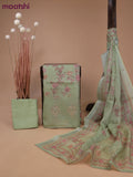Tissue linen dress material pastel green with allover floral prints & gotapatti lace work and bottom & printed dupatta