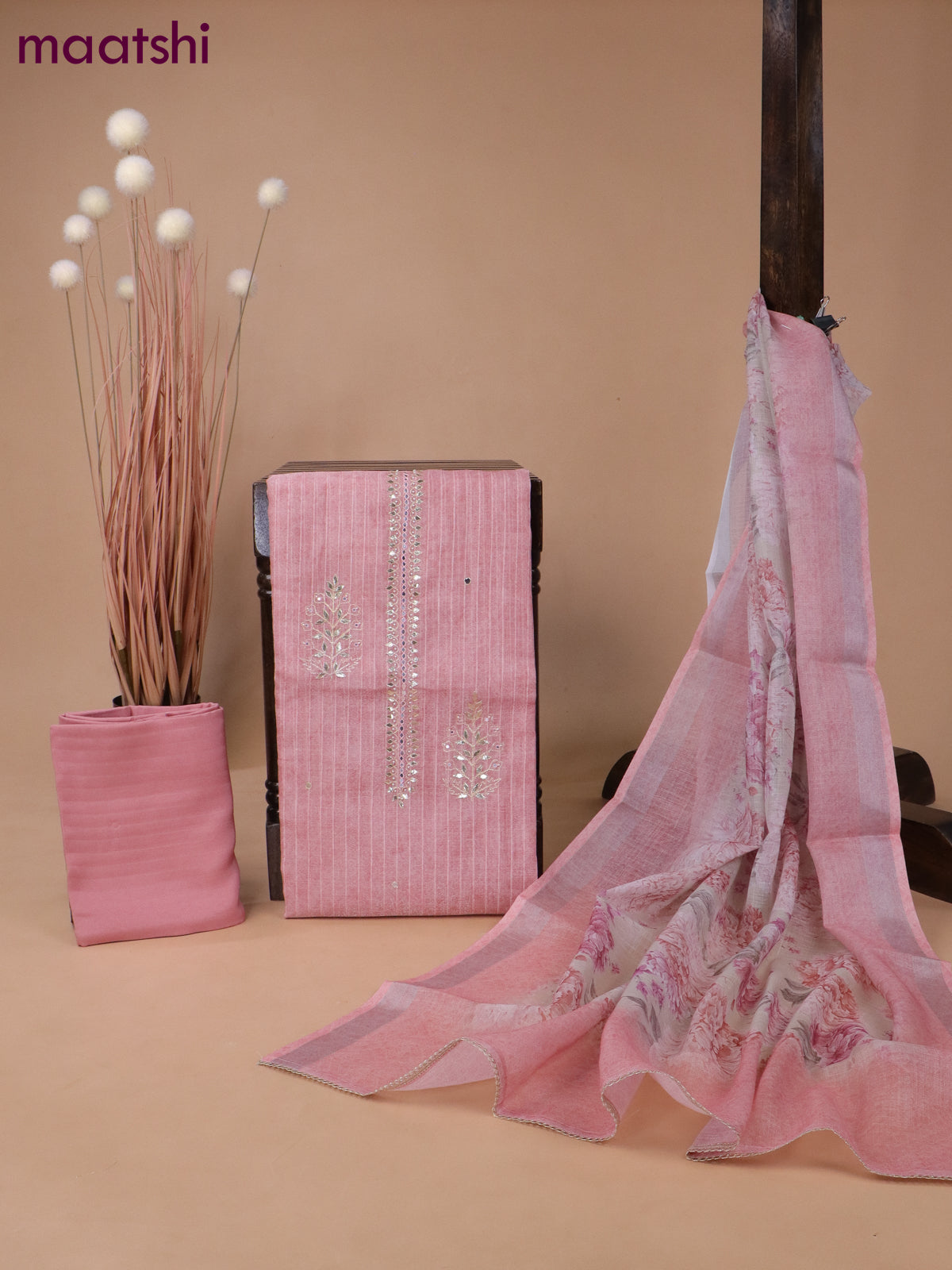 Tissue linen dress material peach shade with gotapatti lace work neck pattern and bottom & printed dupatta