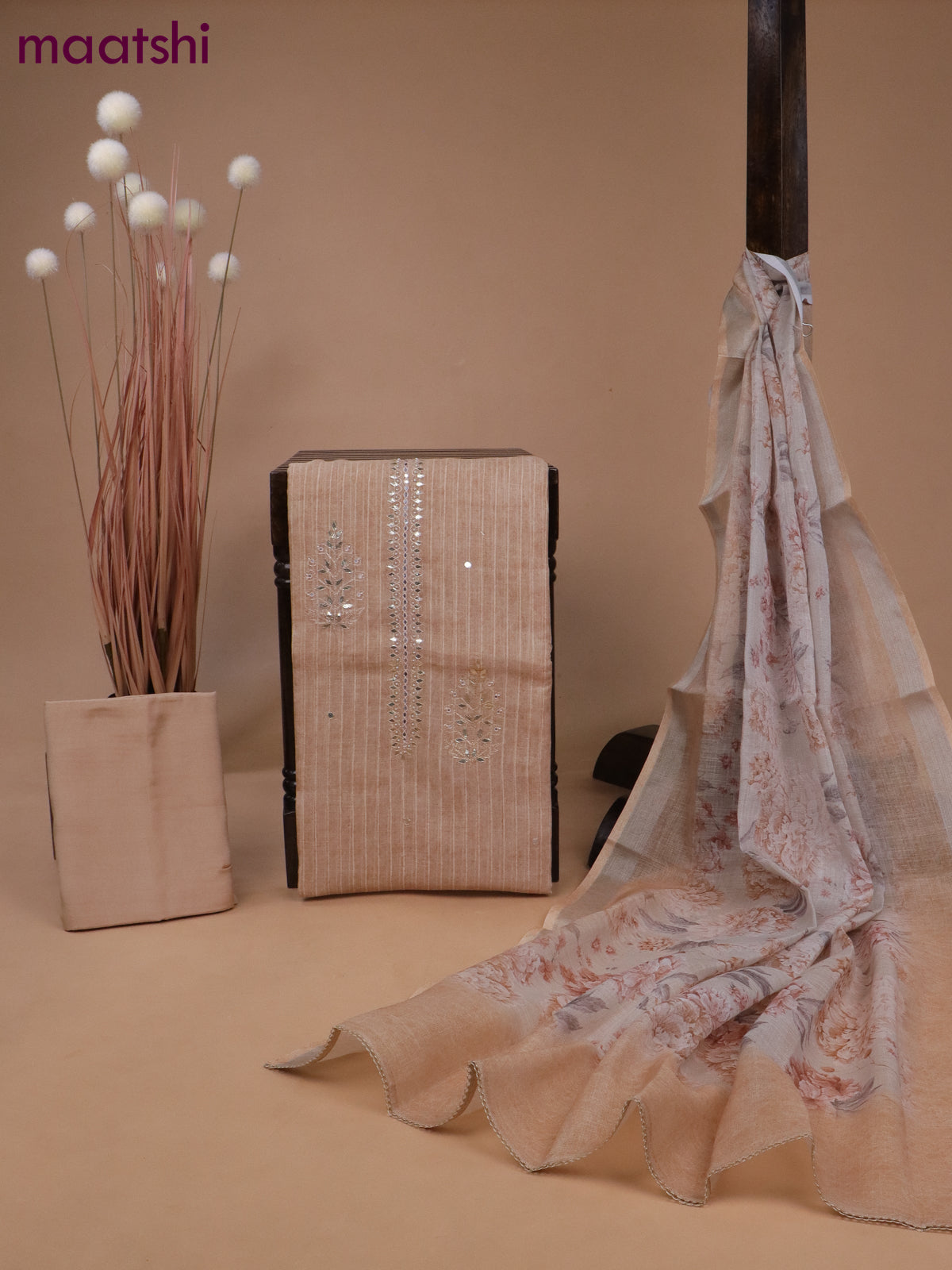 Tissue linen dress material sandal with gotapatti lace work neck pattern and bottom & printed dupatta