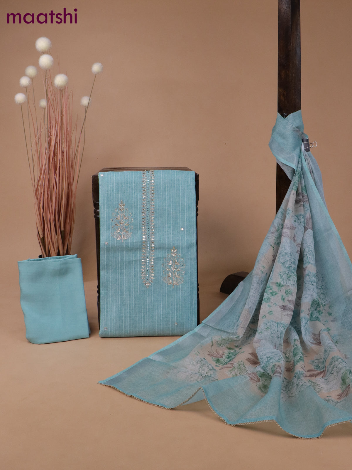 Tissue linen dress material teal blue shade with gotapatti lace work neck pattern and bottom & printed dupatta