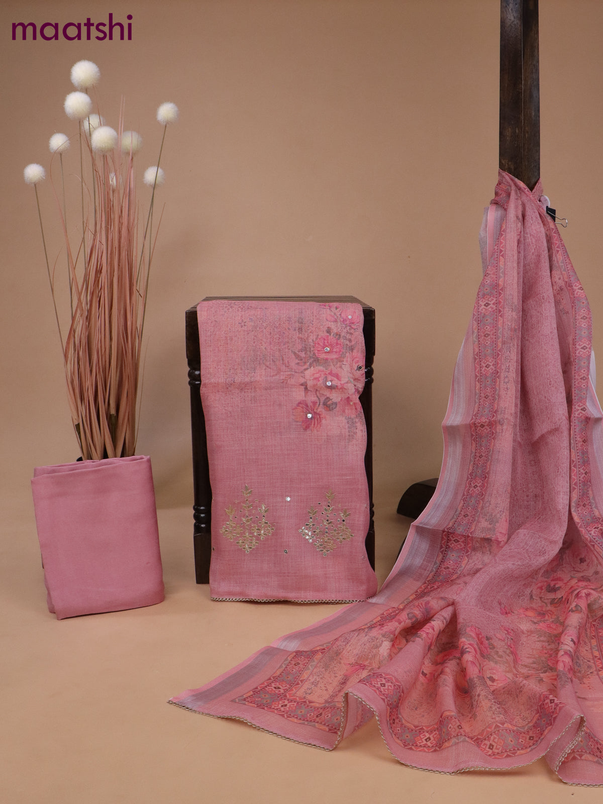 Tissue linen dress material pastel pink with allover floral prints & gotapatti lace work and bottom & printed dupatta