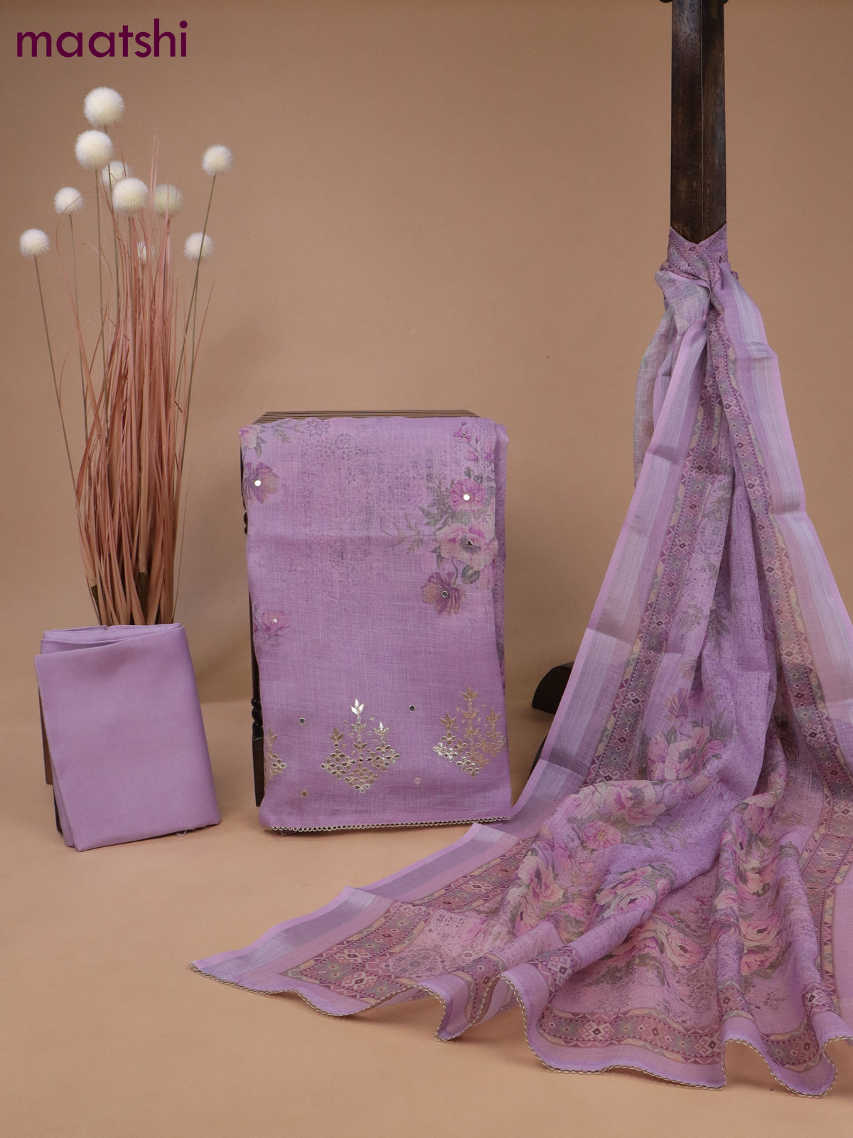 Tissue linen dress material lavender with allover floral prints & gotapatti lace work and bottom & printed dupatta