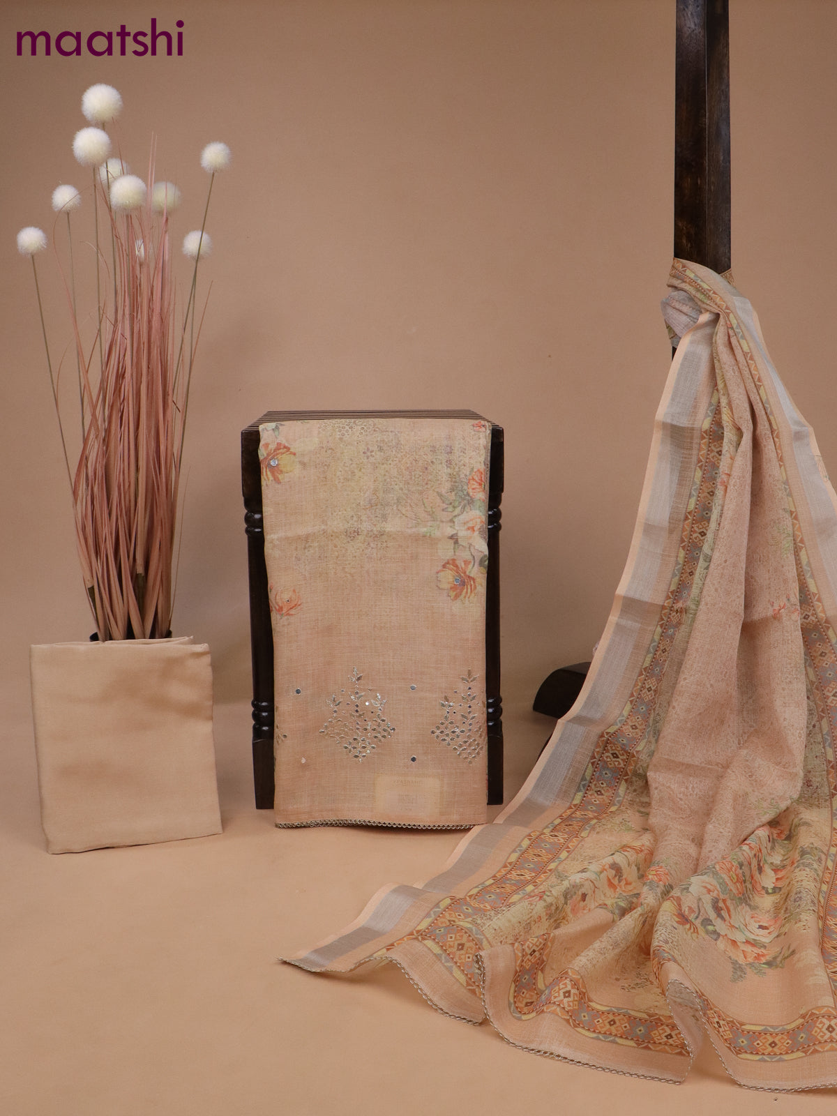 Tissue linen dress material sandal with allover floral prints & gotapatti lace work and bottom & printed dupatta