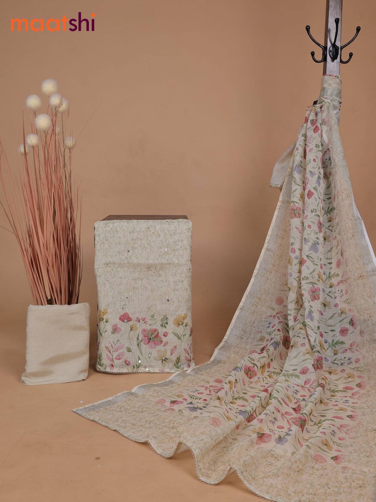 Tissue linen dress material pale yellow with floral prints & mirror work and bottom & printed dupatta