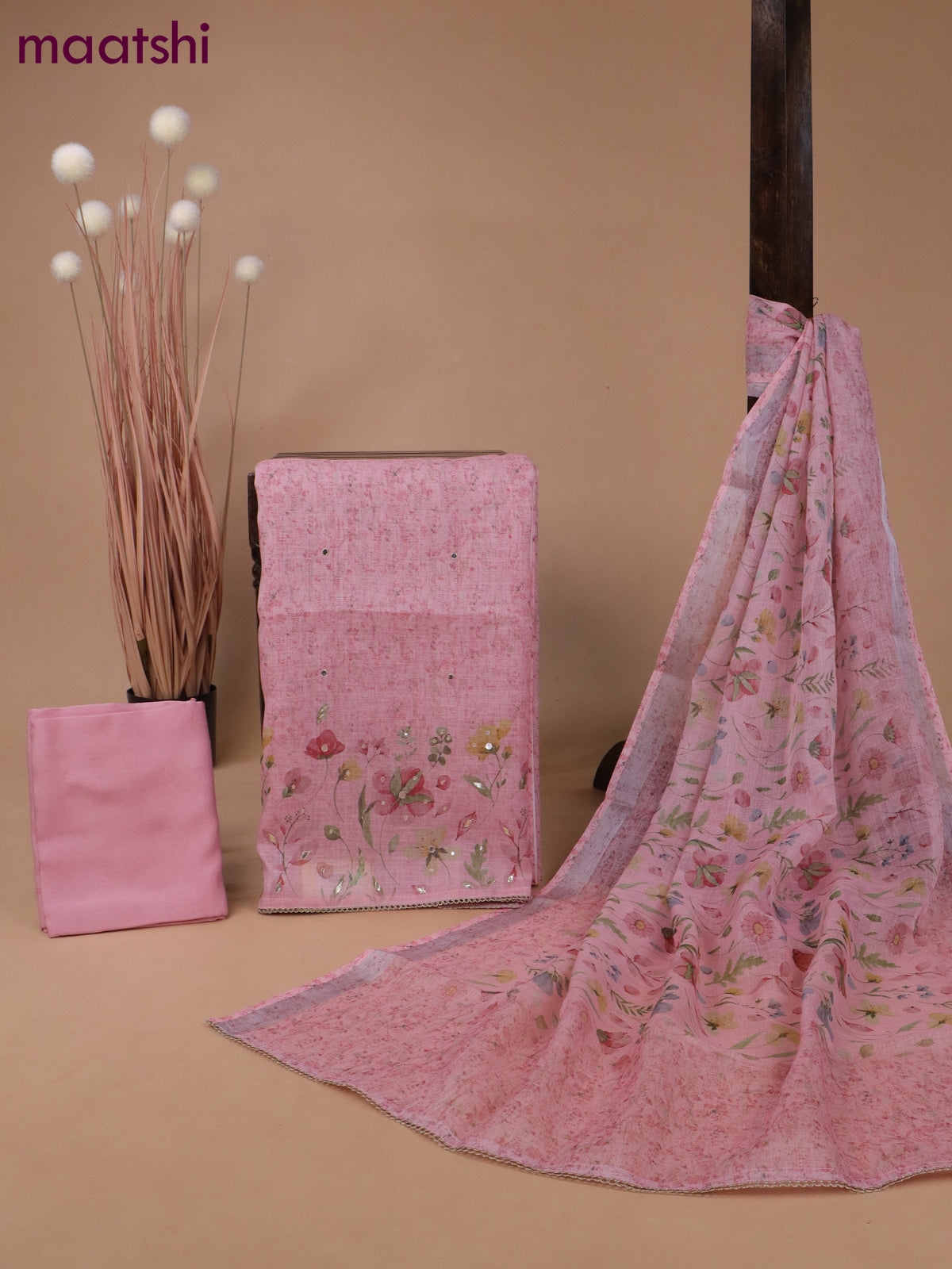 Tissue linen dress material peach pink with floral prints & mirror work and bottom & printed dupatta