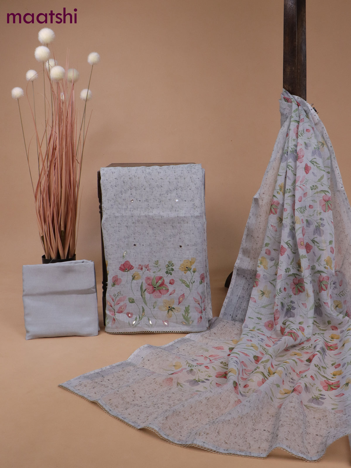 Tissue linen dress material pastel grey with floral prints & mirror work and bottom & printed dupatta