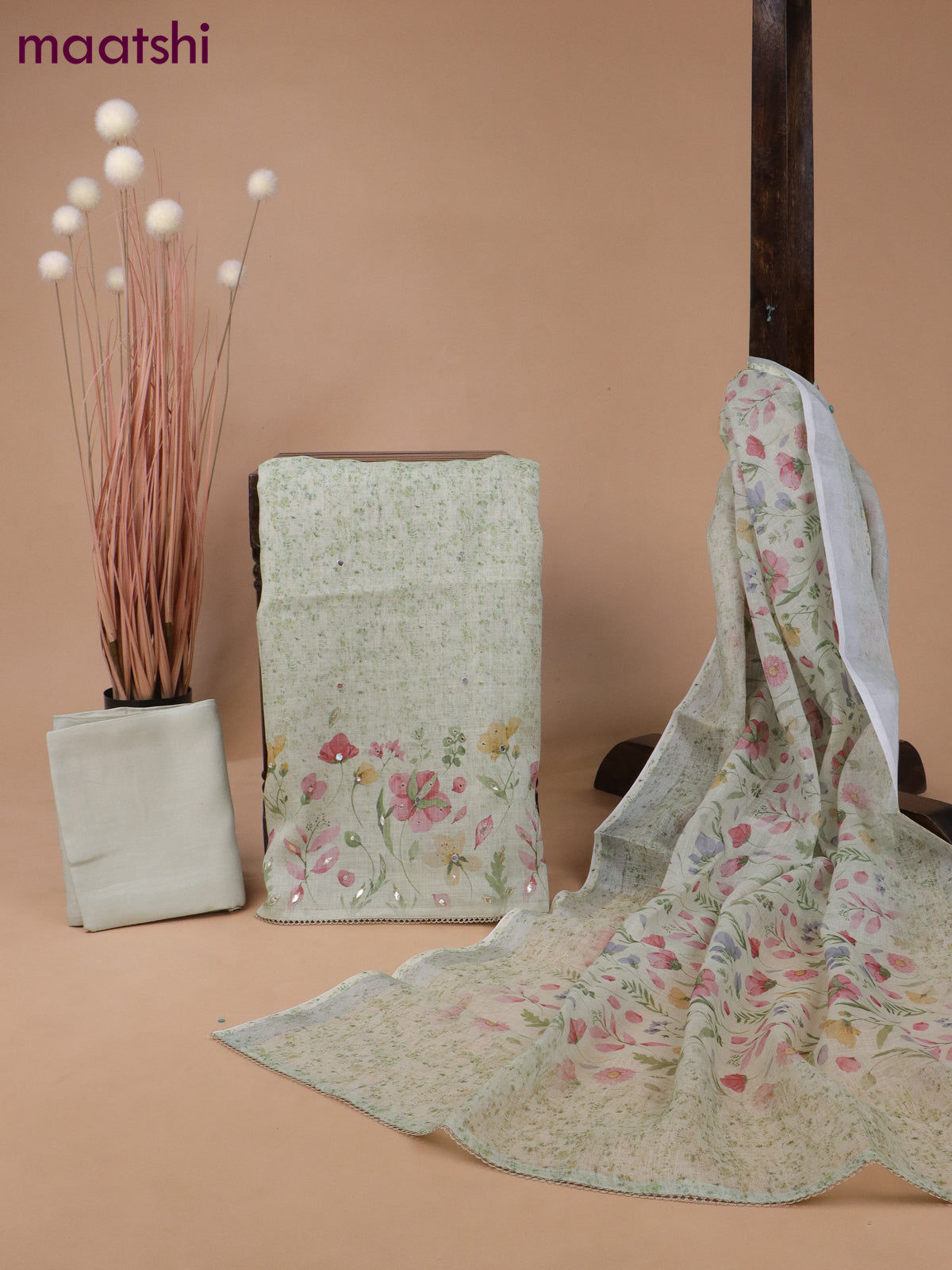 Tissue linen dress material pastel green with floral prints & mirror work and bottom & printed dupatta