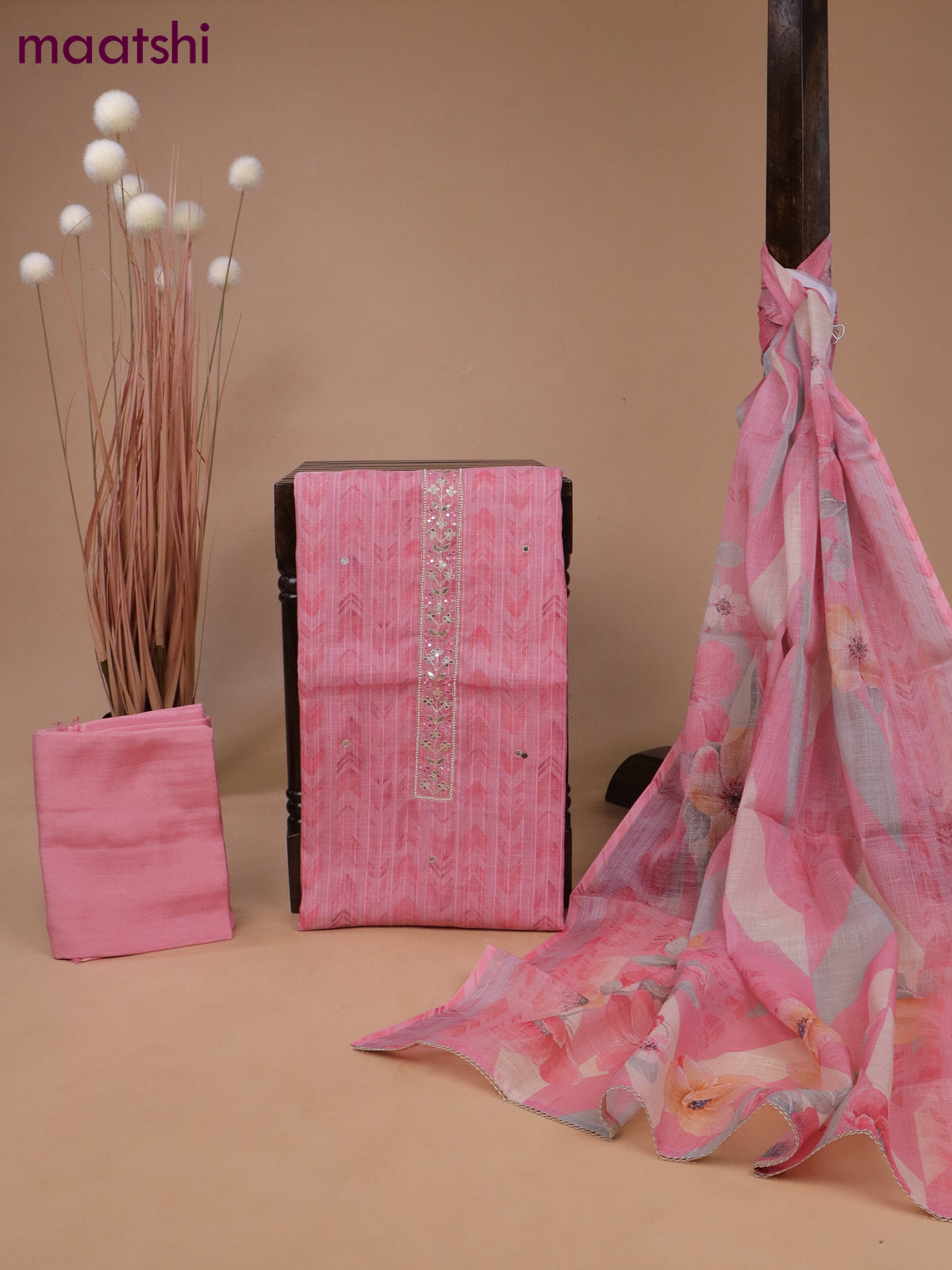 Tissue linen dress material peach pink with allover prints & mirror beaded work neck pattern and bottom & printed dupatta